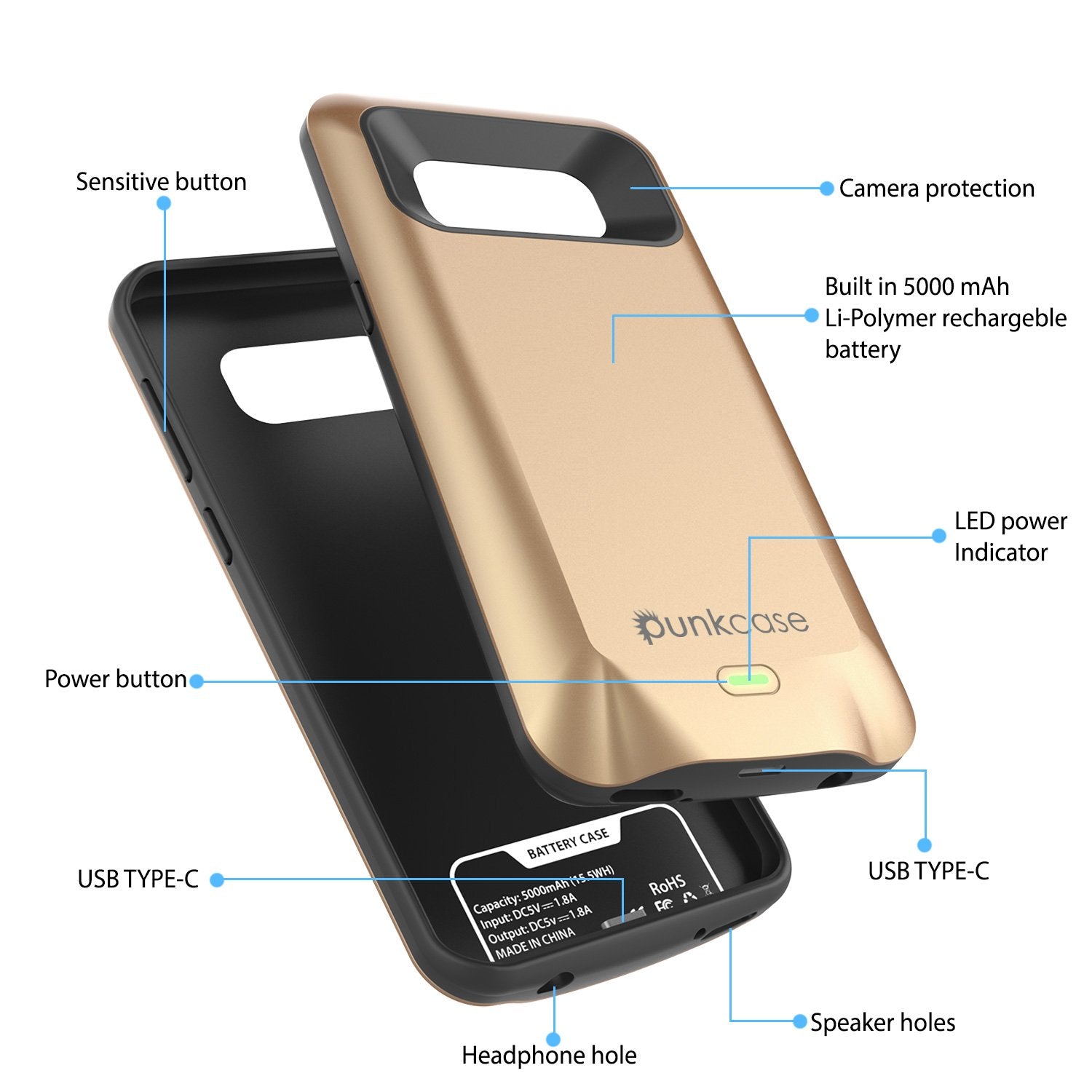Galaxy S8 Battery Case, Punkcase 5000mAH Charger Case W/ Screen Protector | Integrated Kickstand & USB Port | IntelSwitch | [Gold]