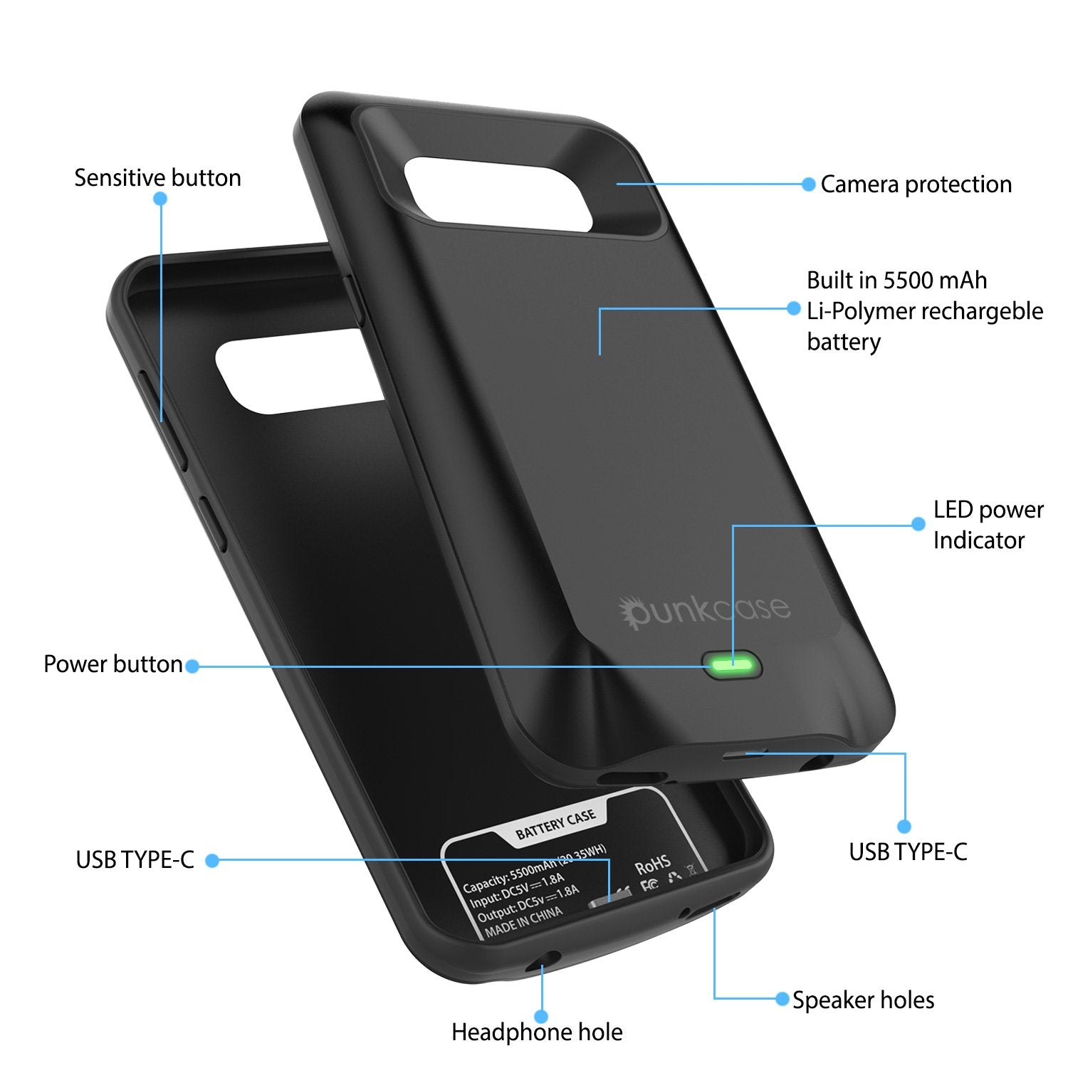 Galaxy S8 PLUS Battery Case, Punkcase 5500mAH Charger Case W/ Screen Protector | Integrated Kickstand & USB Port | IntelSwitch [Black]