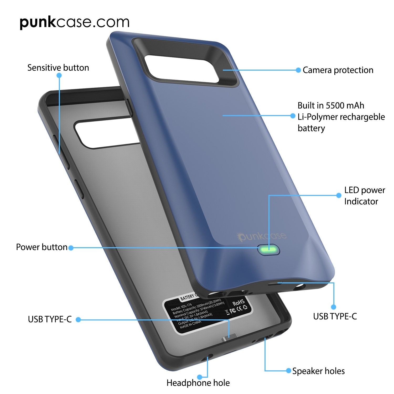 Galaxy Note 8 Battery Case, Punkcase 5000mAH Charger Case W/ Screen Protector | Integrated USB Port | IntelSwitch [Red]