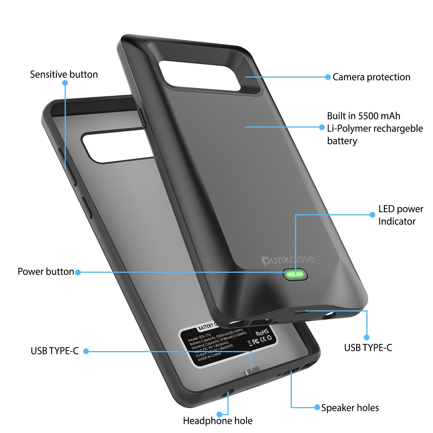 Galaxy Note 8 Battery Case, Punkcase 5000mAH Charger Case W/ Screen Protector | Integrated USB Port | IntelSwitch [Black]