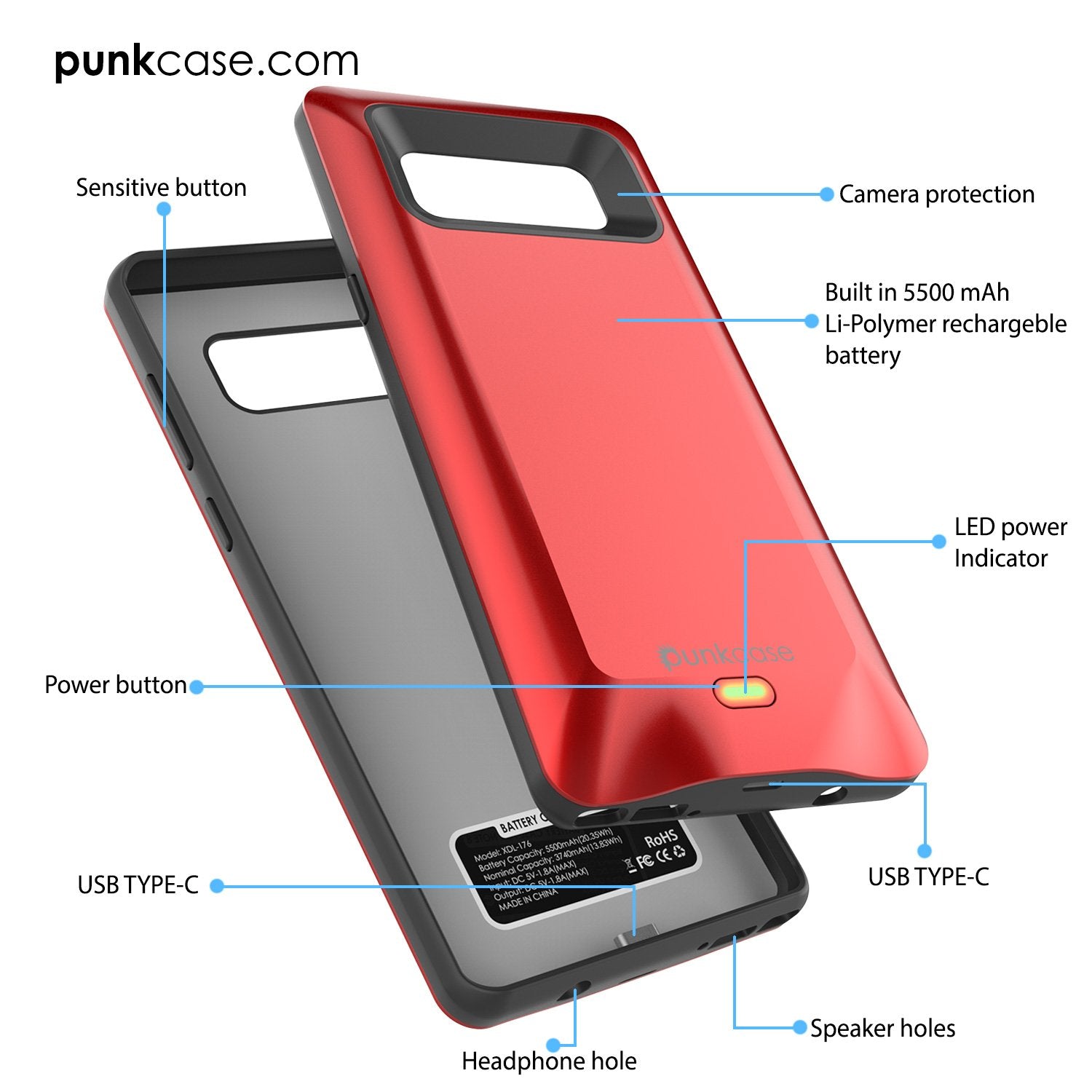 Galaxy Note 8 Battery Case, Punkcase 5000mAH Charger Case W/ Screen Protector | Integrated USB Port | IntelSwitch [Red]