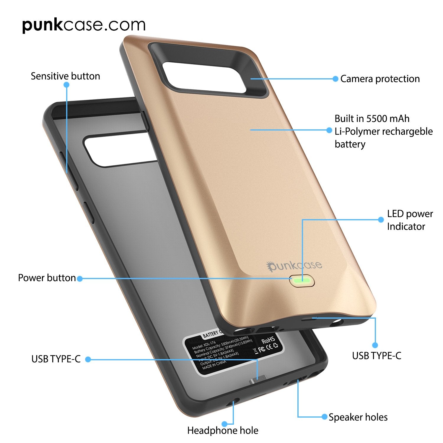 Galaxy Note 8 Battery Case, Punkcase 5000mAH Charger Case W/ Screen Protector | Integrated USB Port | IntelSwitch [Gold]