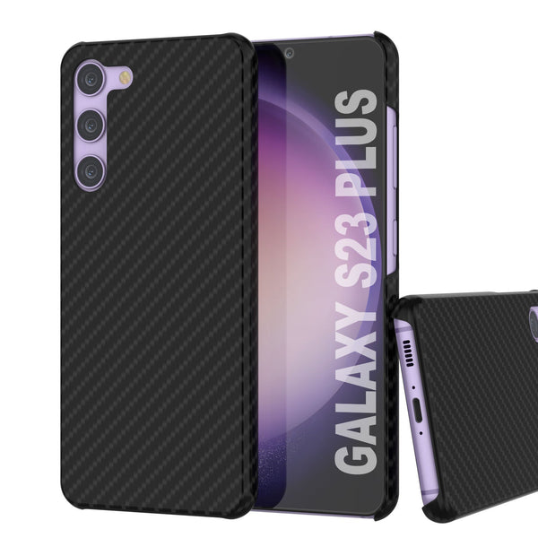 Galaxy S23+ Plus Case, Punkcase CarbonShield, Heavy Duty & Ultra Thin 2 Piece Dual Layer PU Leather Jet Black Cover (Carbon Fiber Style)