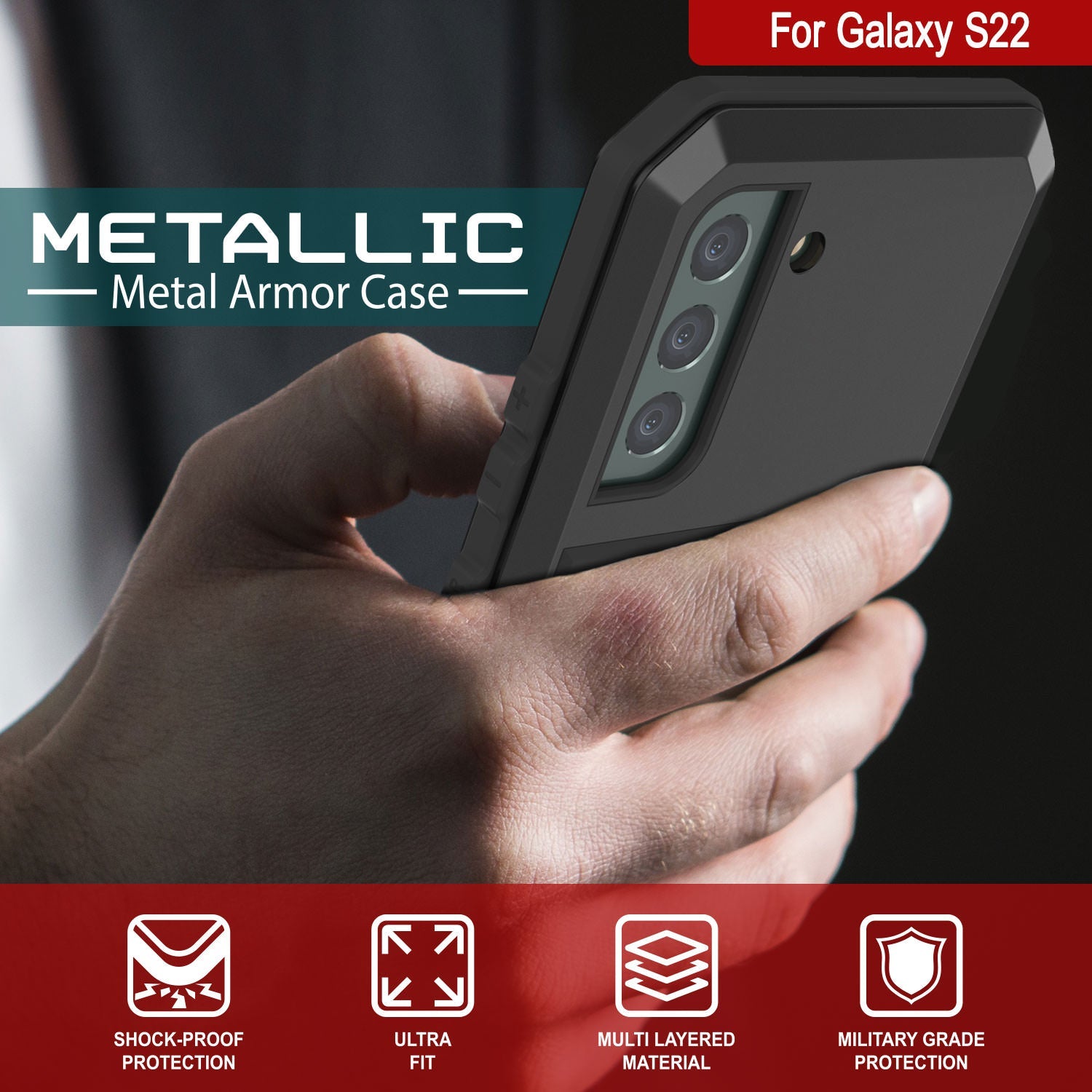 Galaxy S22 Metal Case, Heavy Duty Military Grade Rugged Armor Cover [Black]