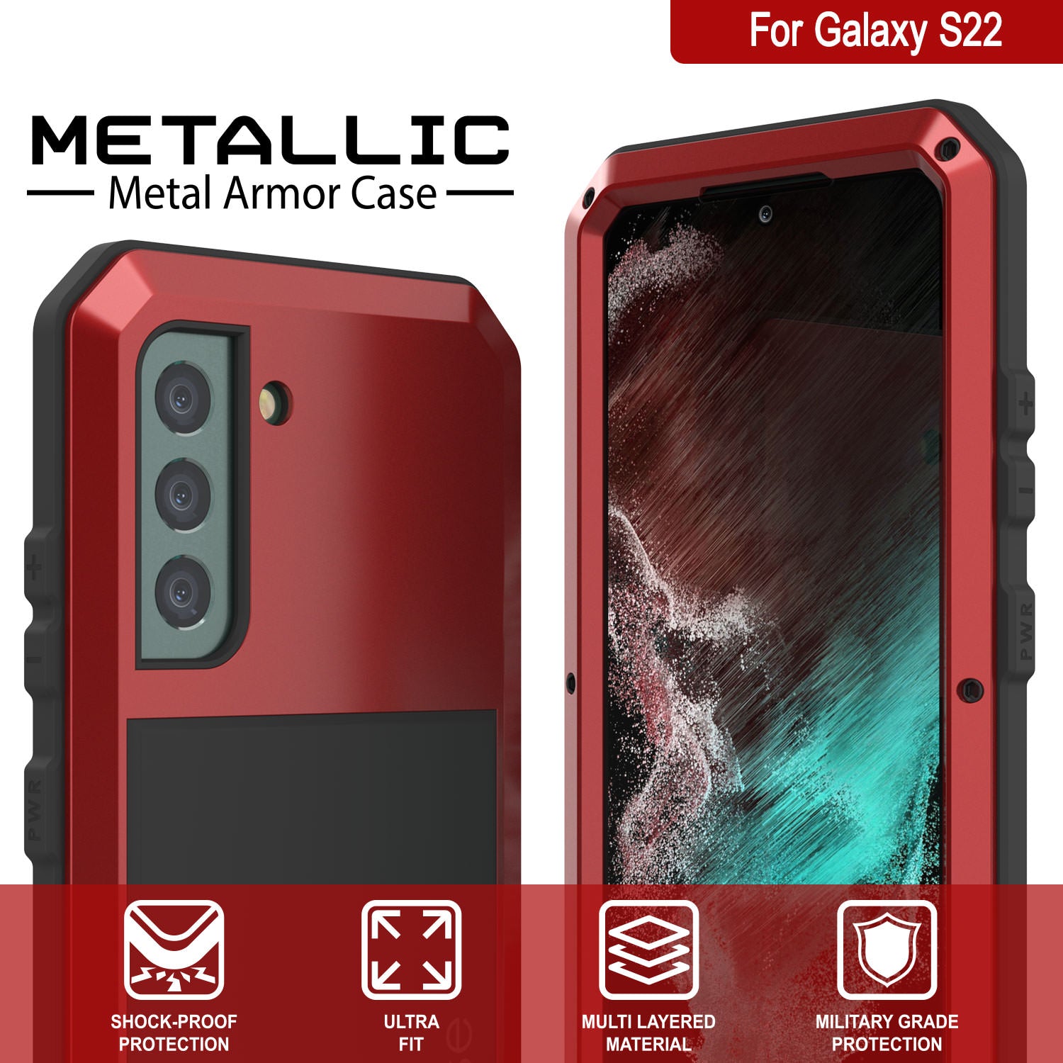 Galaxy S22 Metal Case, Heavy Duty Military Grade Rugged Armor Cover [Red]