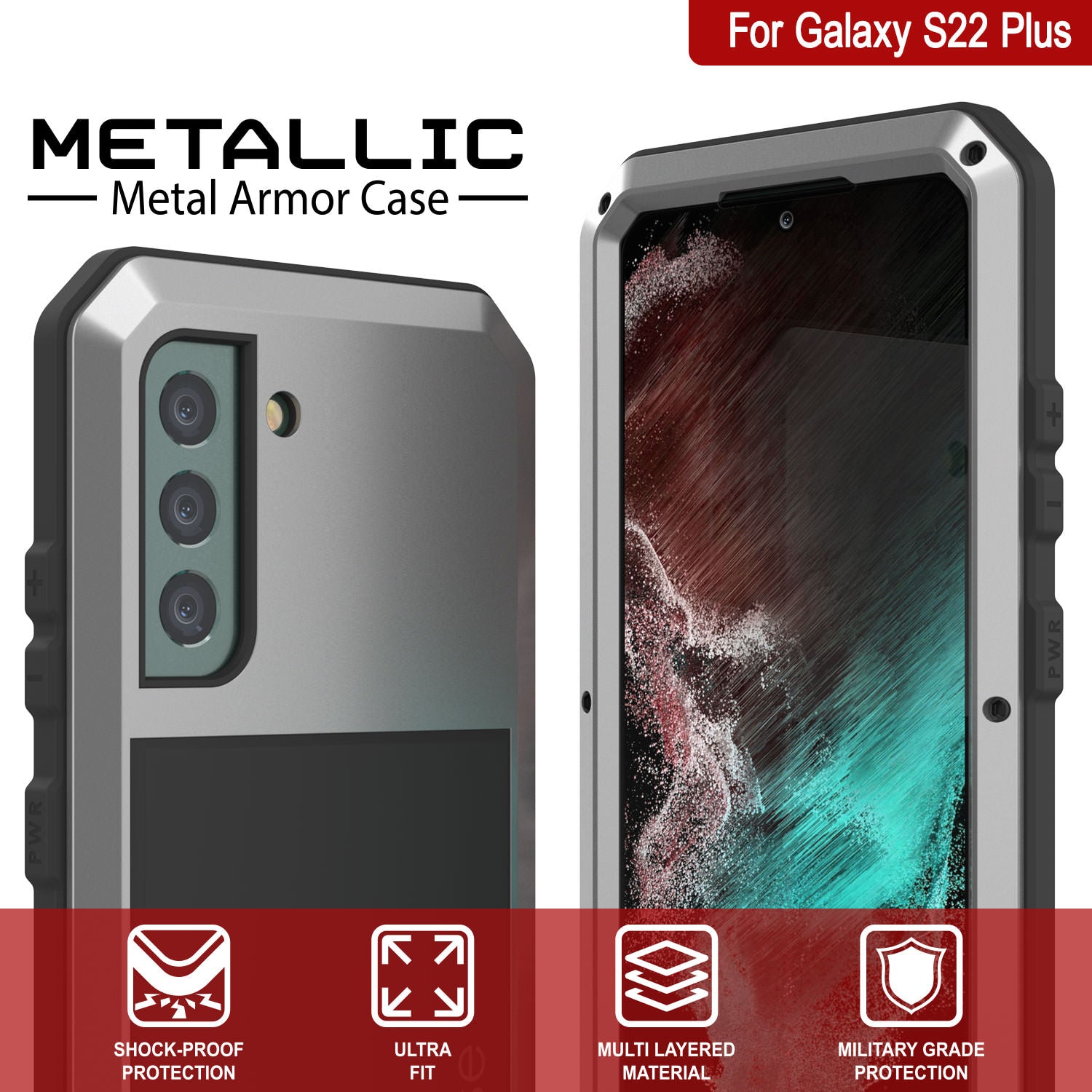 Galaxy S22+ Plus Metal Case, Heavy Duty Military Grade Rugged Armor Cover [Silver]