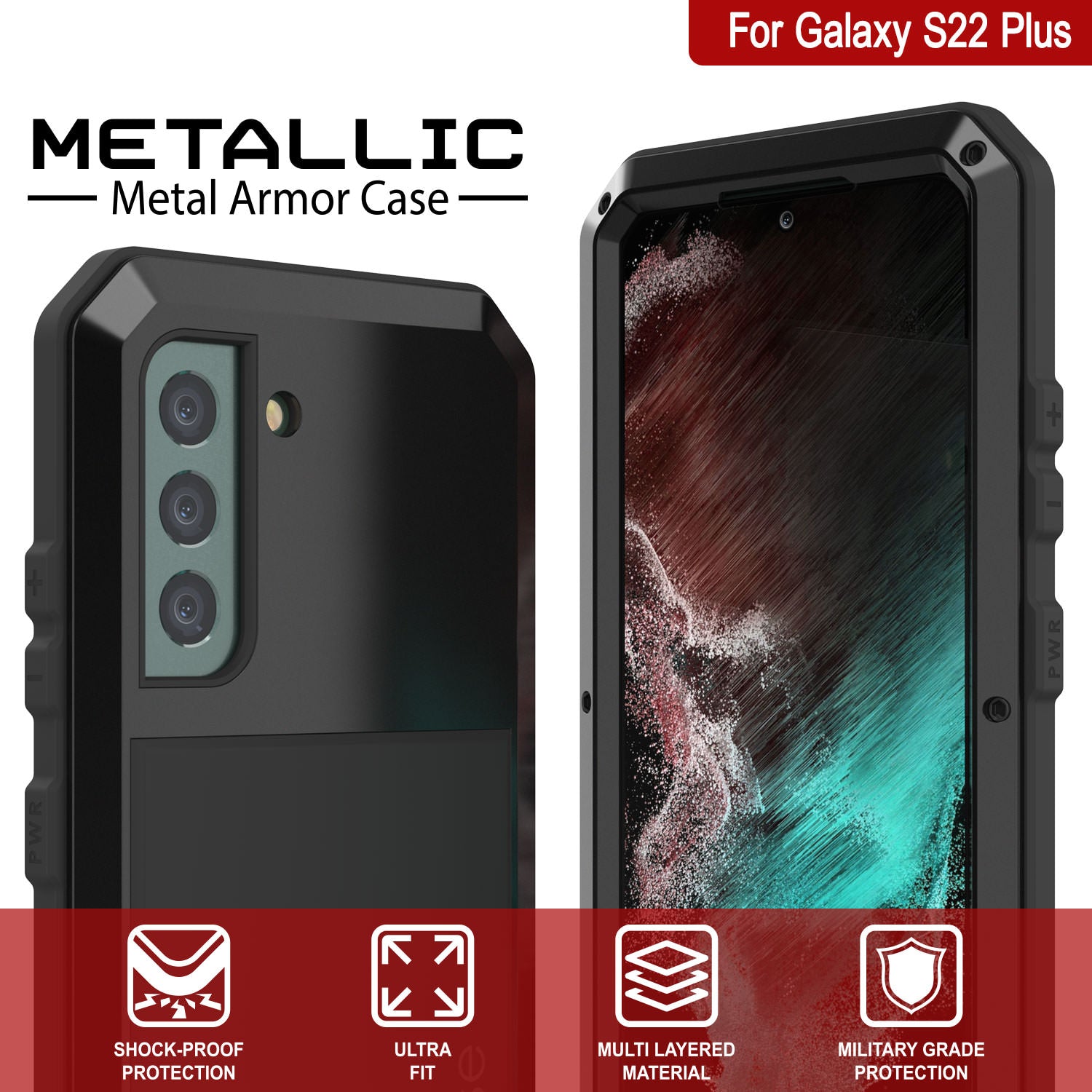 Galaxy S22+ Plus Metal Case, Heavy Duty Military Grade Rugged Armor Cover [Black]