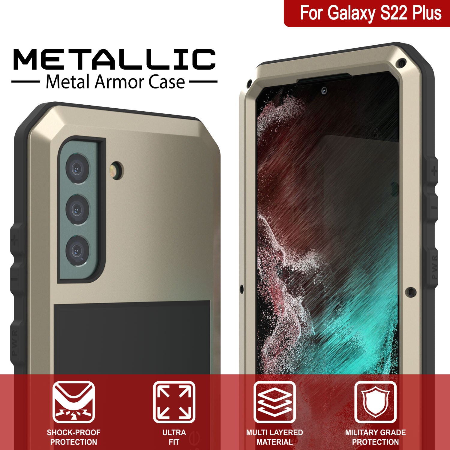 Galaxy S22+ Plus Metal Case, Heavy Duty Military Grade Rugged Armor Cover [Gold]