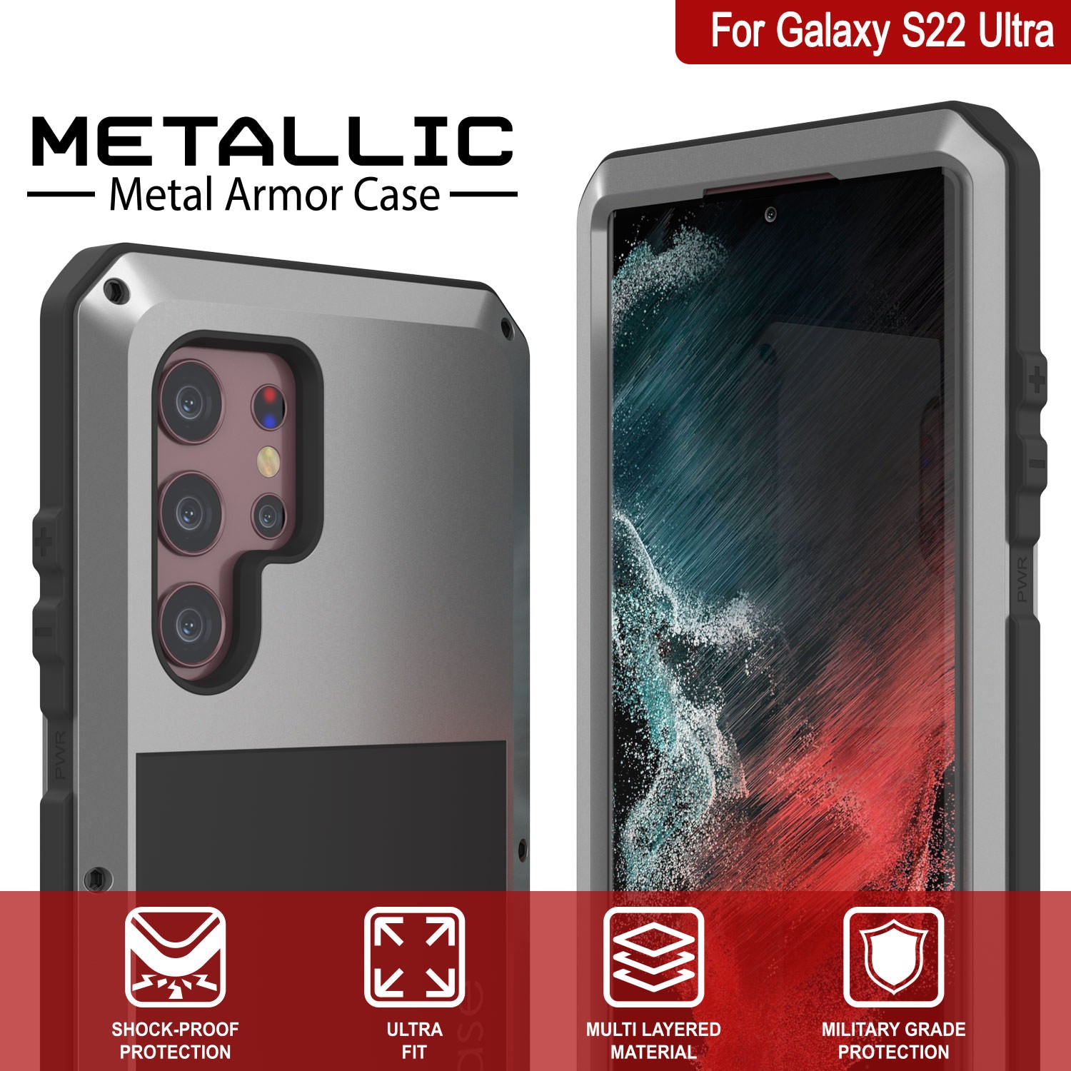 Galaxy S22 Ultra Metal Case, Heavy Duty Military Grade Rugged Armor Cover [Silver]