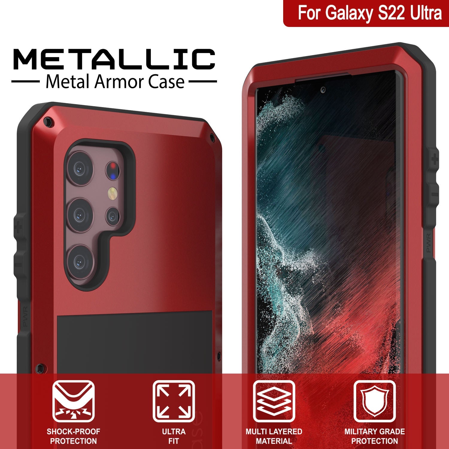 Galaxy S22 Ultra Metal Case, Heavy Duty Military Grade Rugged Armor Cover [Red]