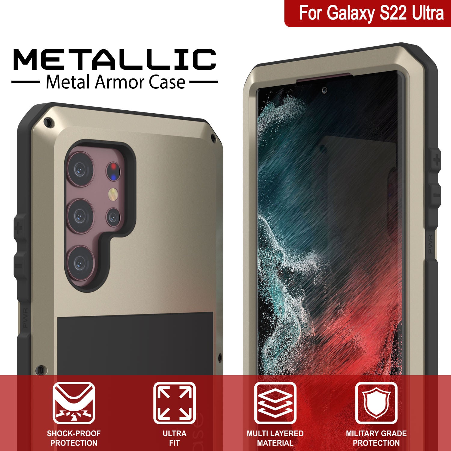 Galaxy S22 Ultra Metal Case, Heavy Duty Military Grade Rugged Armor Cover [Gold]