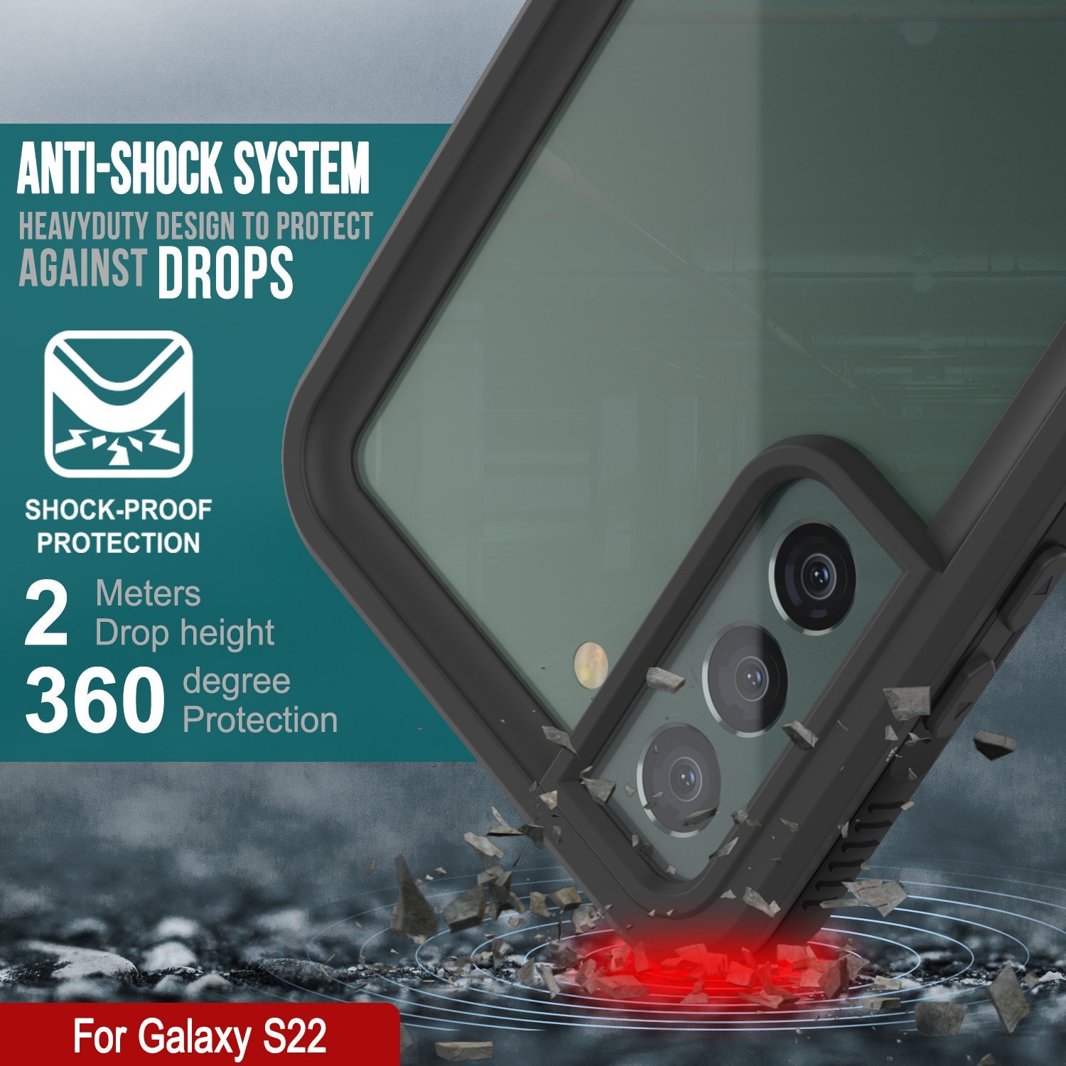 Galaxy S22 Waterproof Case PunkCase Ultimato Black Thin 6.6ft Underwater IP68 Shock/Snow Proof [Black]