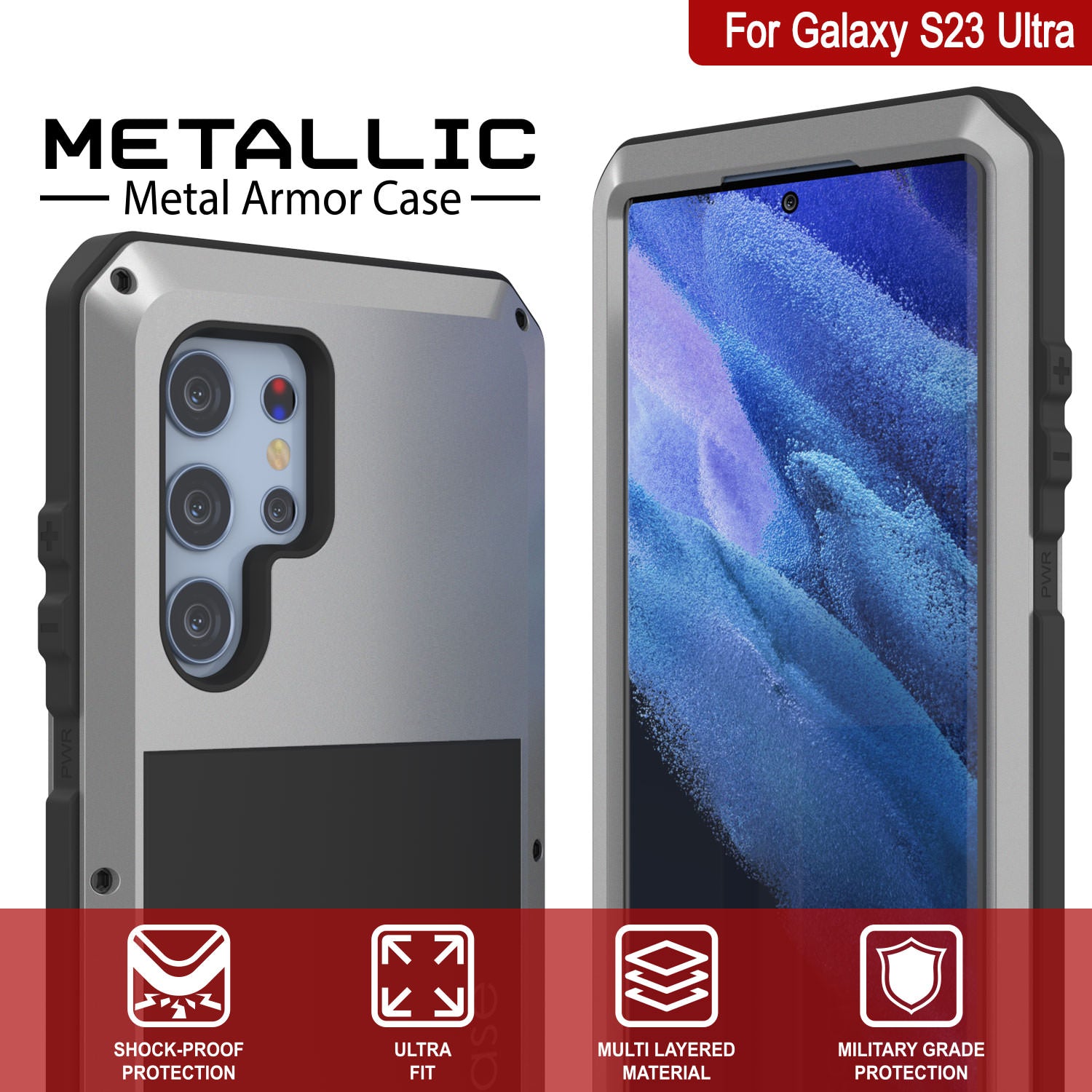 Galaxy S23 Ultra Metal Case, Heavy Duty Military Grade Armor Cover [shock proof] Full Body Hard [Silver]