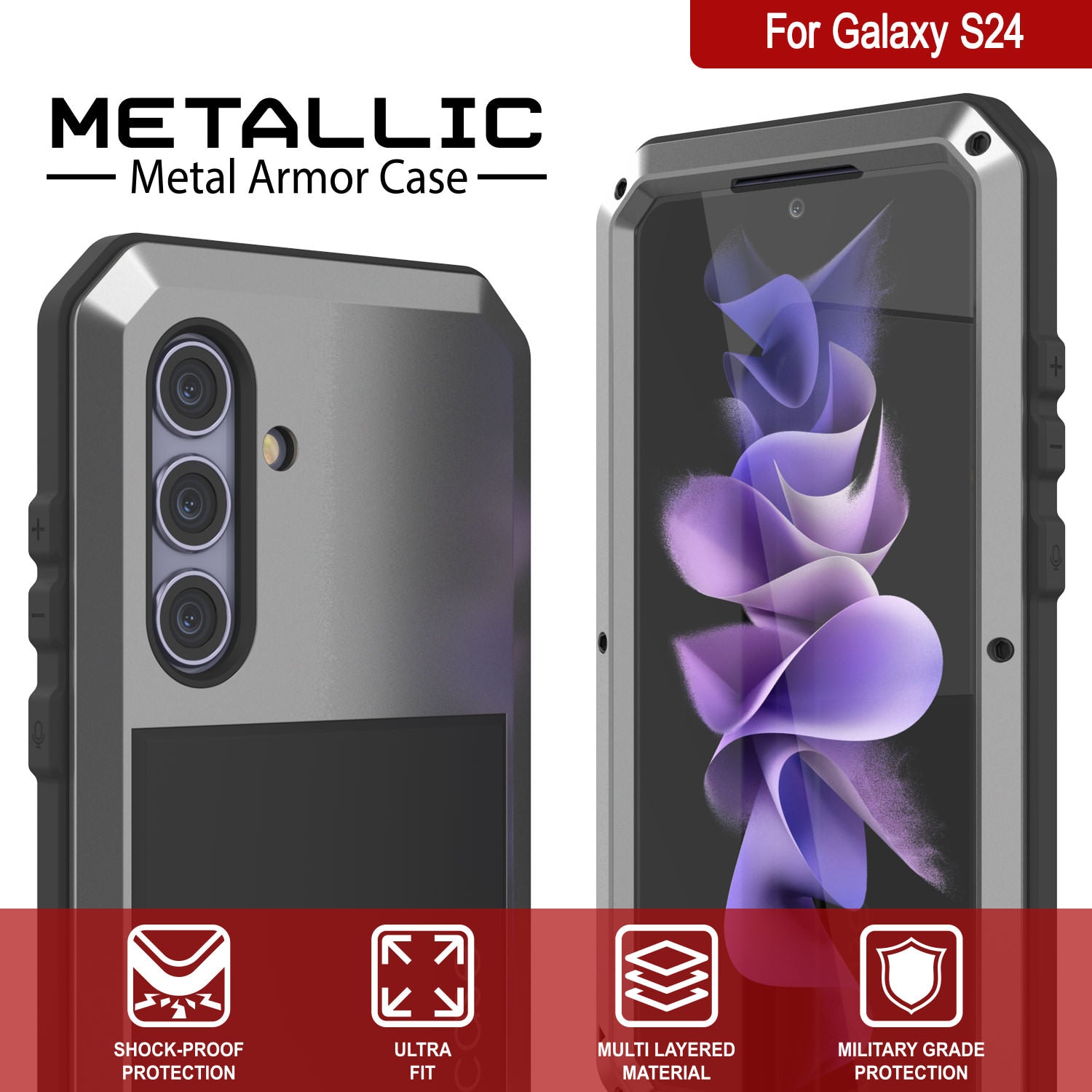 Galaxy S24 Metal Case, Heavy Duty Military Grade Armor Cover [shock proof] Full Body Hard [Silver]