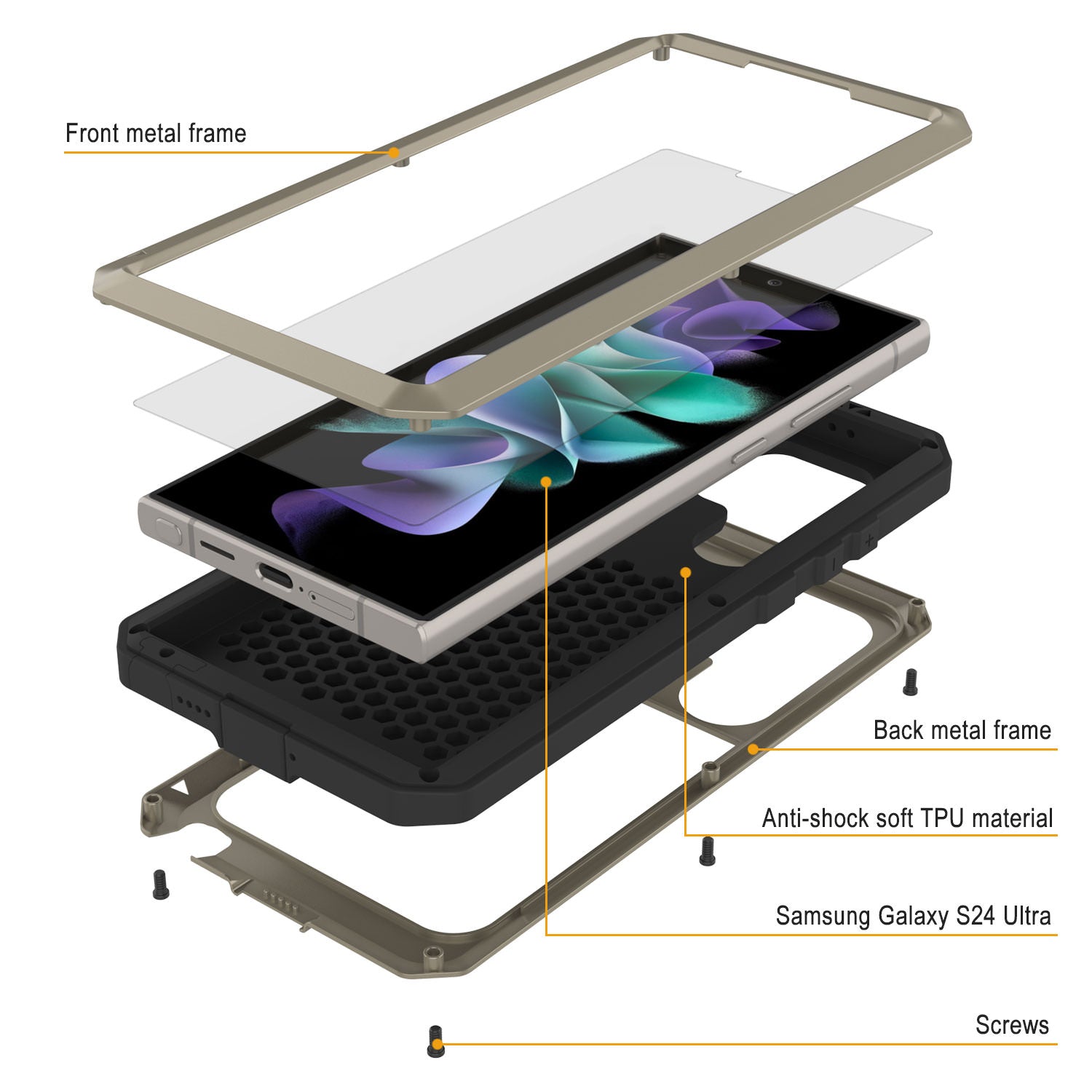 Galaxy S24 Ultra Metal Case, Heavy Duty Military Grade Armor Cover [shock proof] Full Body Hard [Gold]