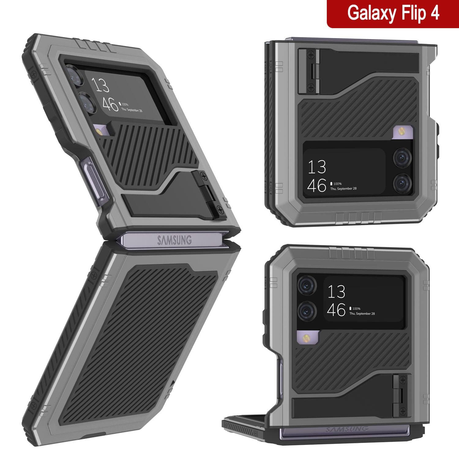 Galaxy Z Flip4 Metal Case, Heavy Duty Military Grade Armor Cover Full Body Hard [Silver]