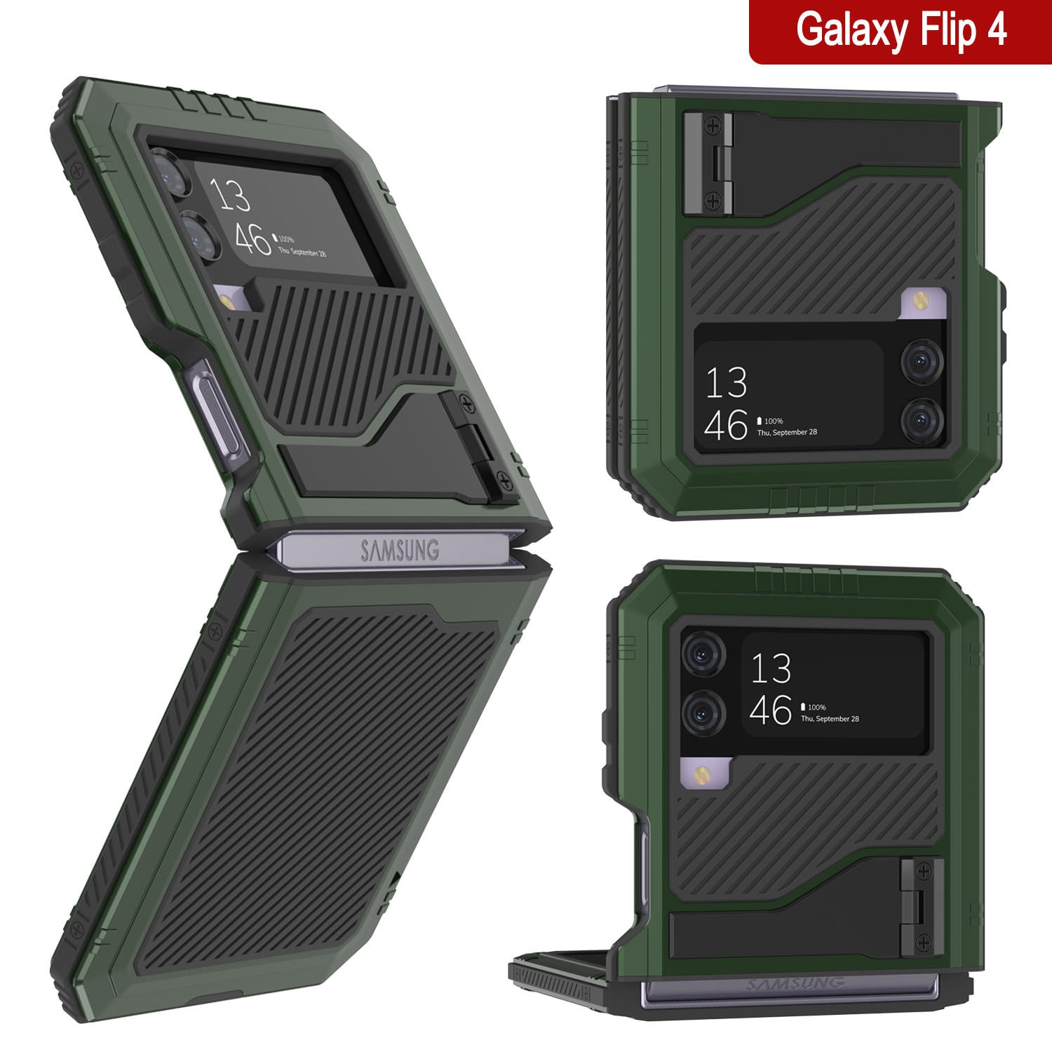 Galaxy Z Flip4 Metal Case, Heavy Duty Military Grade Armor Cover Full Body Hard [Dark Green]