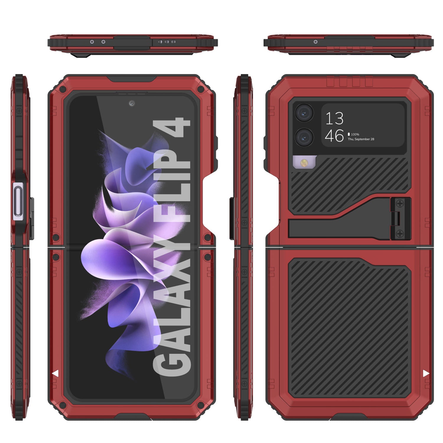 Galaxy Z Flip4 Metal Case, Heavy Duty Military Grade Armor Cover Full Body Hard [Red]