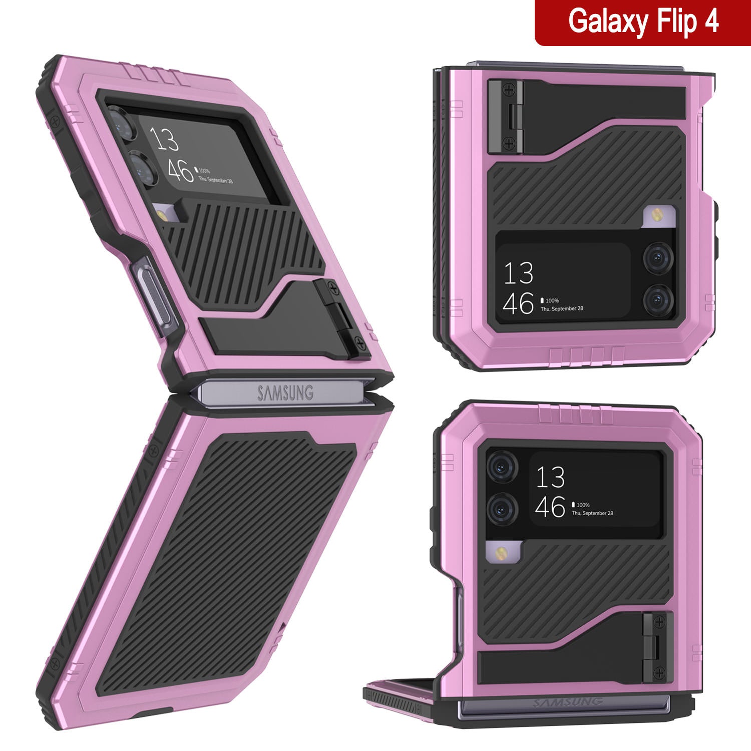 Galaxy Z Flip4 Metal Case, Heavy Duty Military Grade Armor Cover Full Body Hard [Pink]