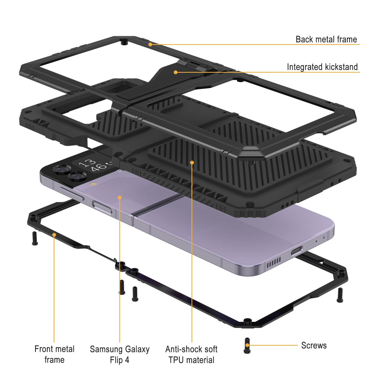 Galaxy Z Flip4 Metal Case, Heavy Duty Military Grade Armor Cover Full Body Hard [Black]