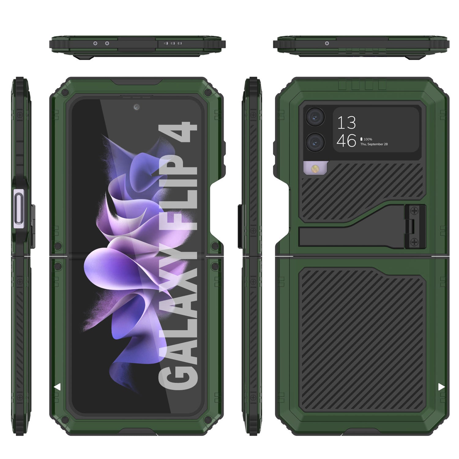 Galaxy Z Flip4 Metal Case, Heavy Duty Military Grade Armor Cover Full Body Hard [Dark Green]