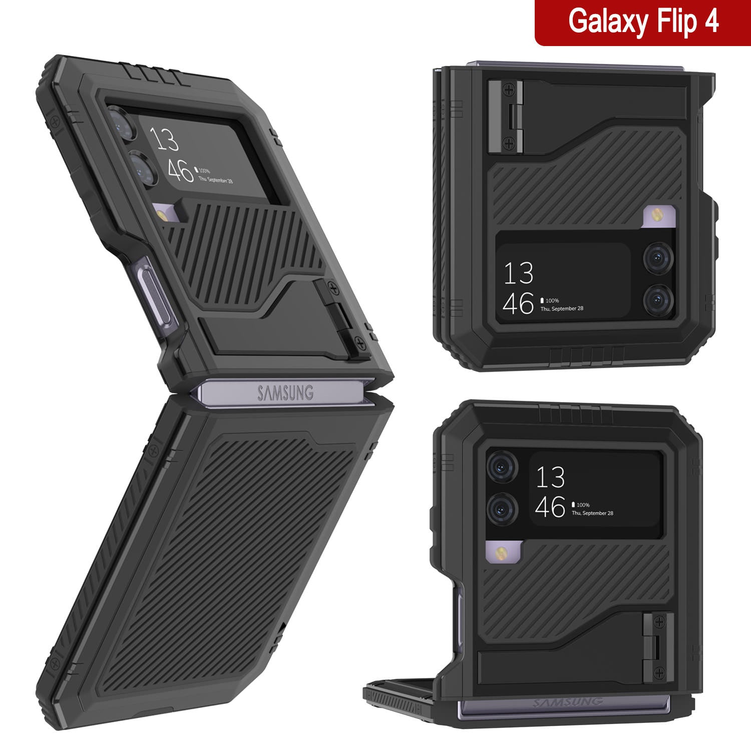 Galaxy Z Flip4 Metal Case, Heavy Duty Military Grade Armor Cover Full Body Hard [Black]