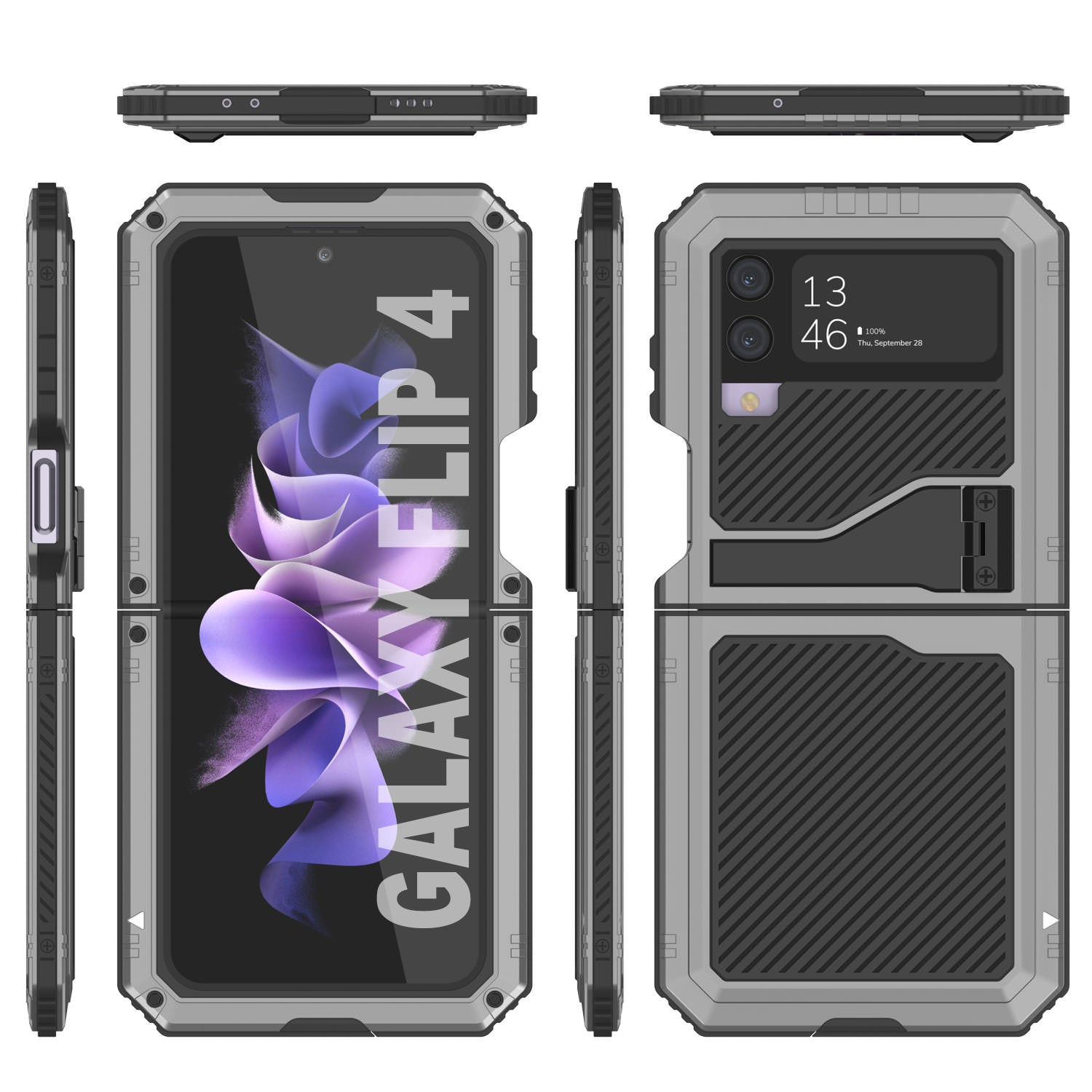 Galaxy Z Flip4 Metal Case, Heavy Duty Military Grade Armor Cover Full Body Hard [Silver]