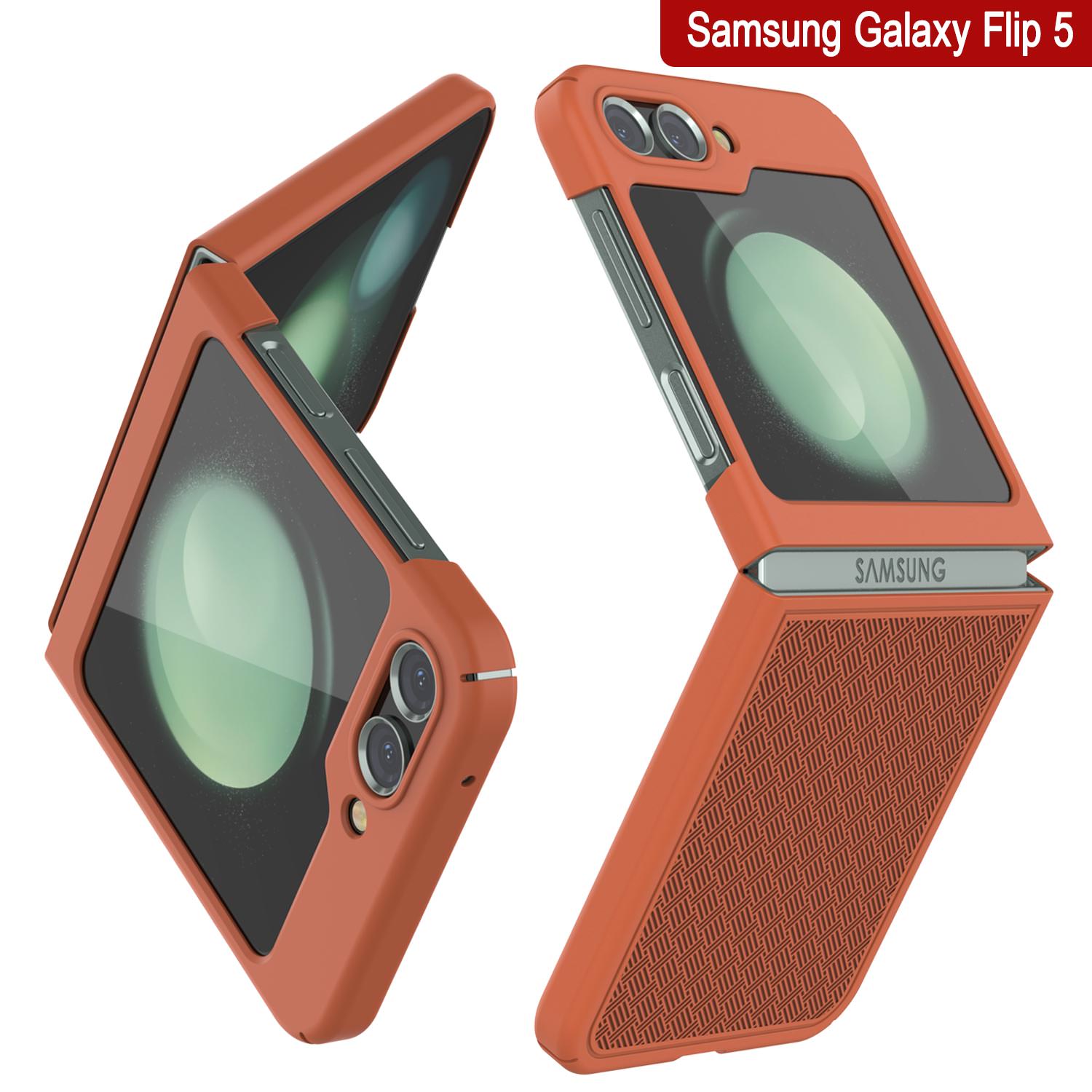 Galaxy Z Flip5 Case With Tempered Glass Screen Protector, Holster Belt Clip & Built-In Kickstand [Orange]