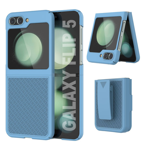 Galaxy Z Flip5 Case With Tempered Glass Screen Protector, Holster Belt Clip & Built-In Kickstand [Blue]