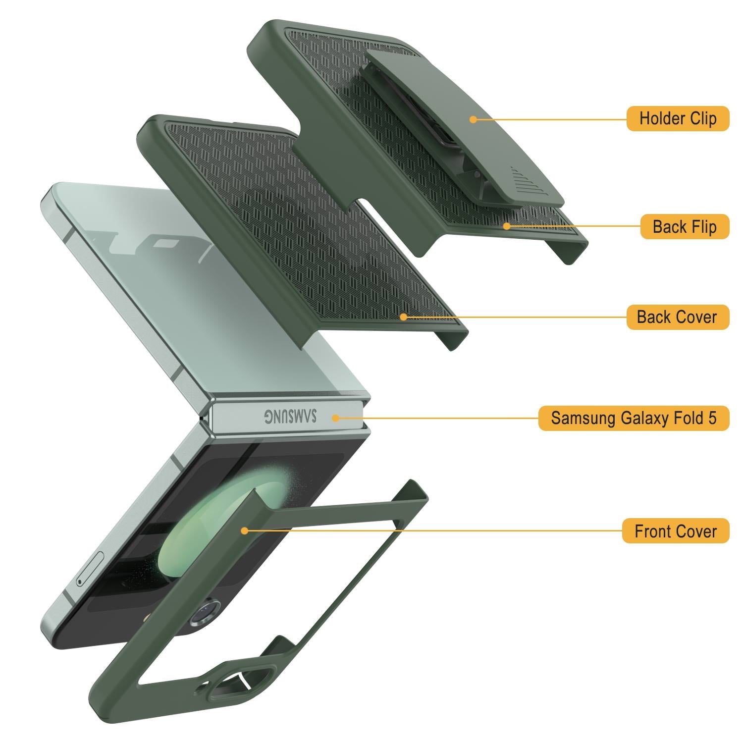 Galaxy Z Flip5 Case With Tempered Glass Screen Protector, Holster Belt Clip & Built-In Kickstand [Green]