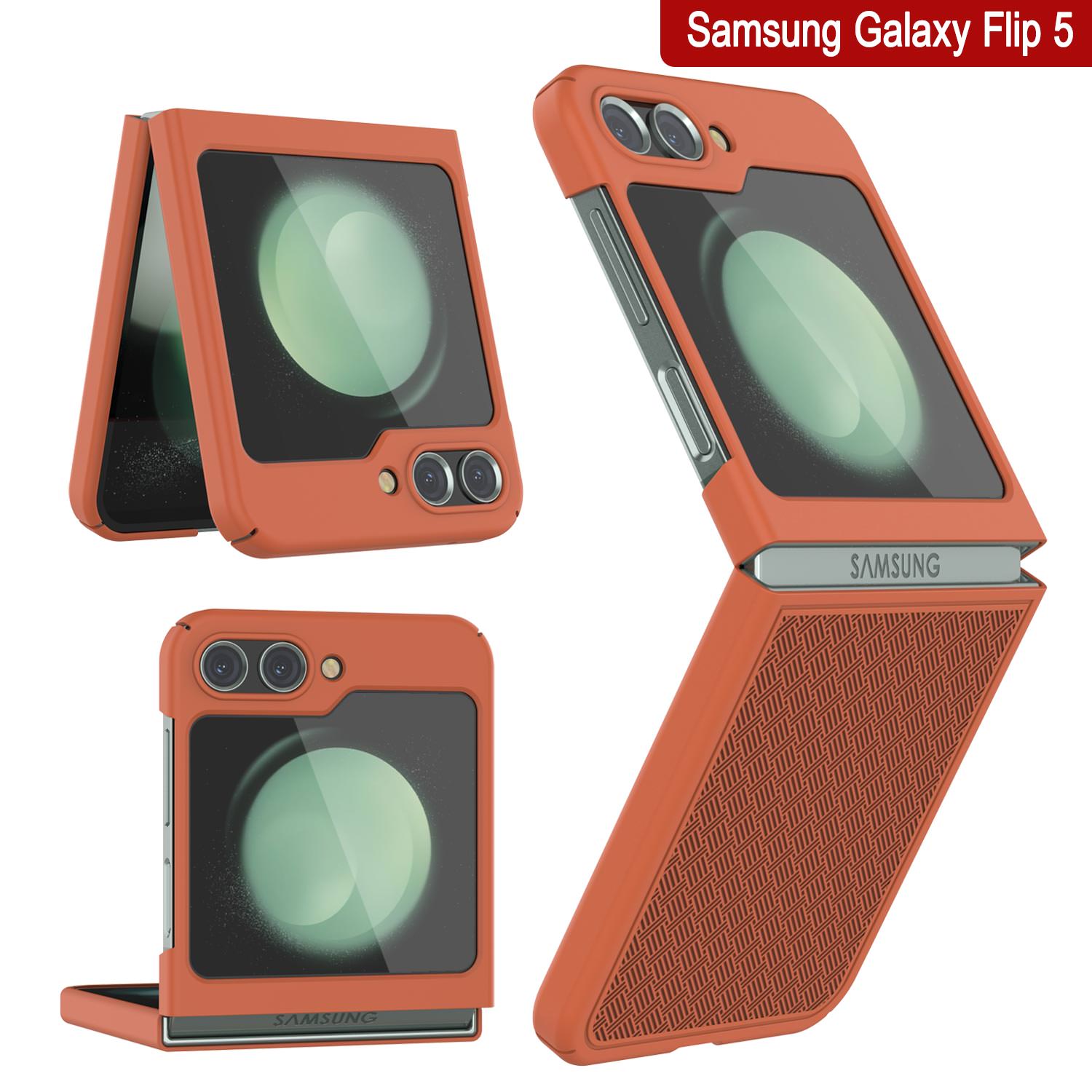 Galaxy Z Flip5 Case With Tempered Glass Screen Protector, Holster Belt Clip & Built-In Kickstand [Orange]