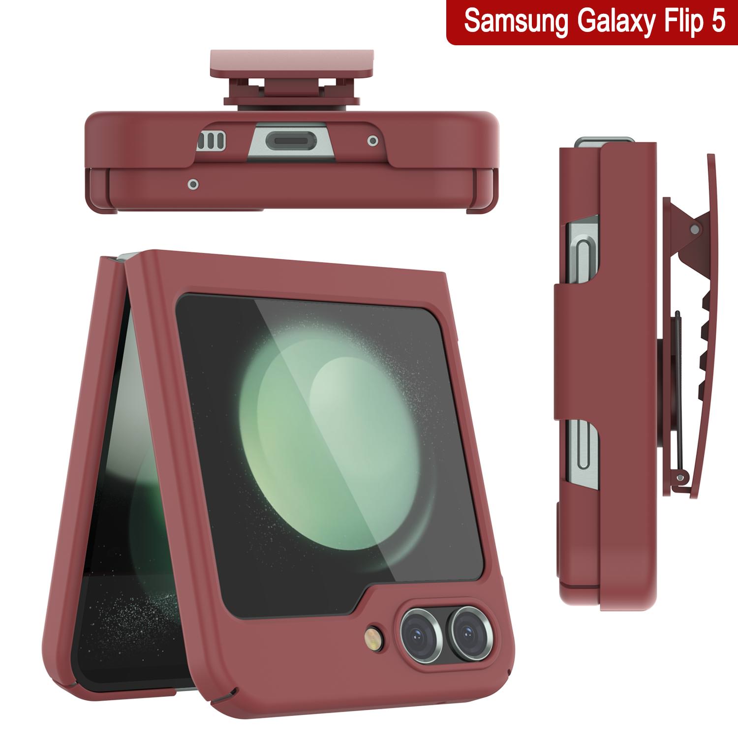 Galaxy Z Flip5 Case With Tempered Glass Screen Protector, Holster Belt Clip & Built-In Kickstand [Red]
