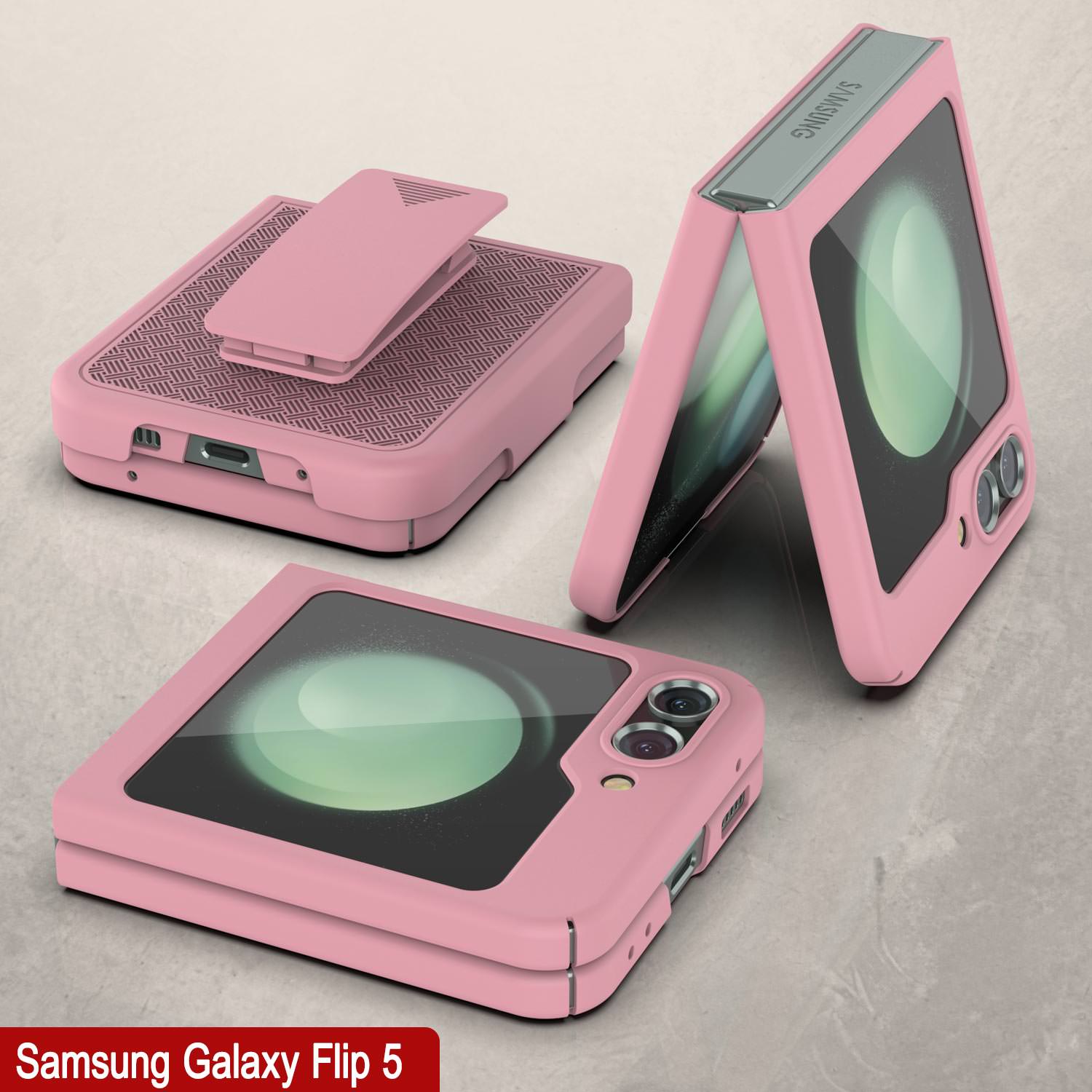 Galaxy Z Flip5 Case With Tempered Glass Screen Protector, Holster Belt Clip & Built-In Kickstand [Pink]