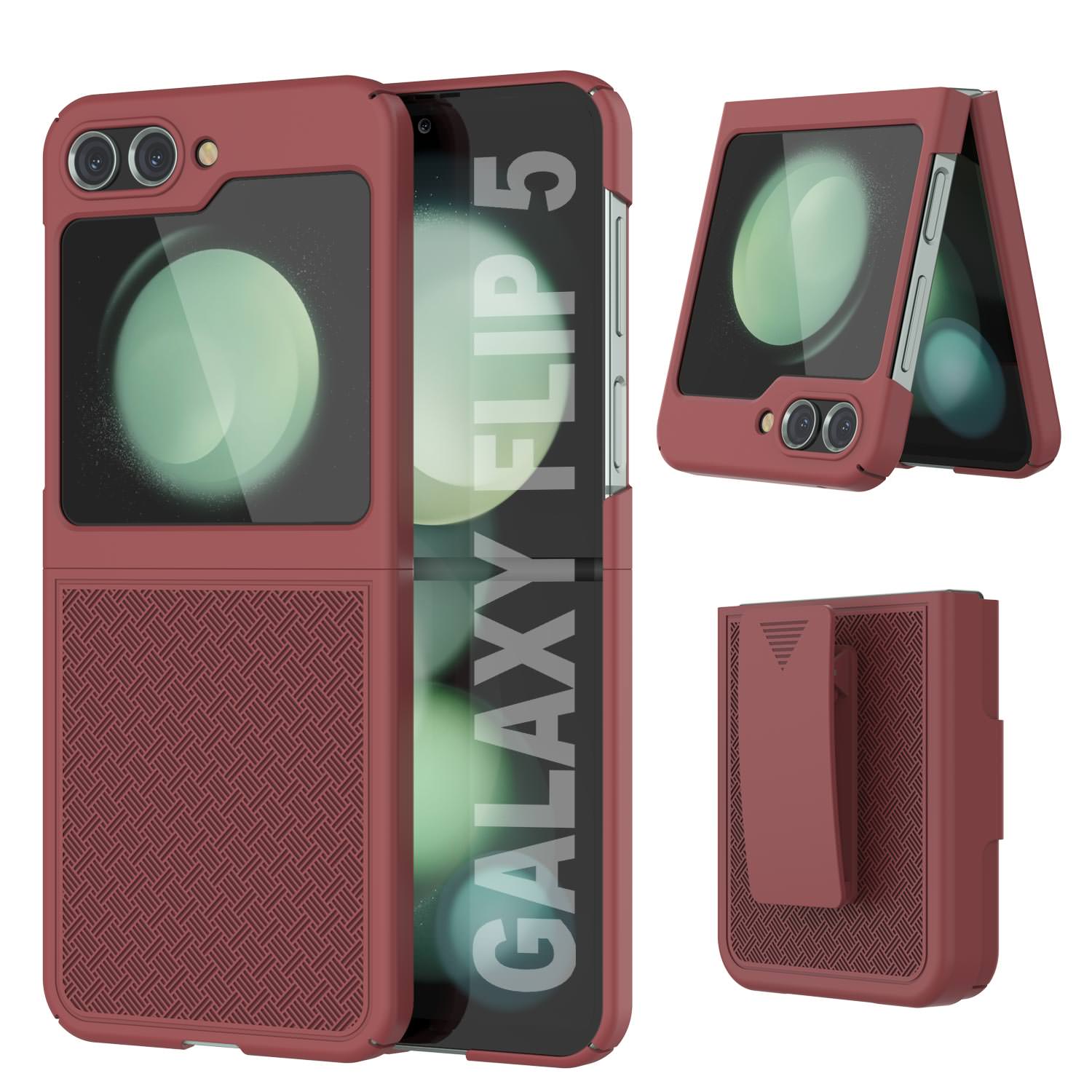 Galaxy Z Flip5 Case With Tempered Glass Screen Protector, Holster Belt Clip & Built-In Kickstand [Red]