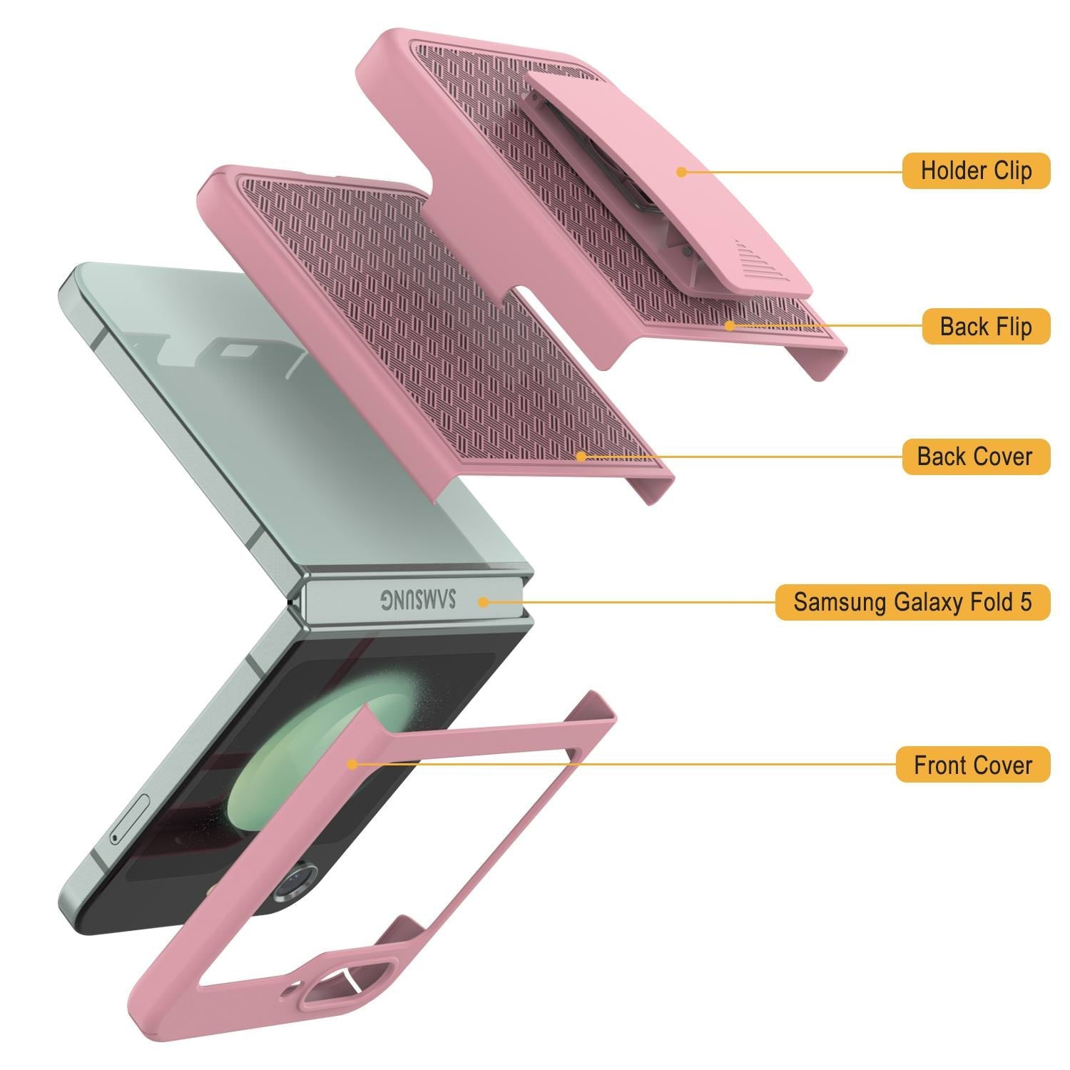 Galaxy Z Flip5 Case With Tempered Glass Screen Protector, Holster Belt Clip & Built-In Kickstand [Pink]