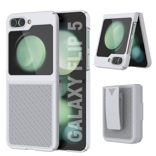 Galaxy Z Flip5 Case With Tempered Glass Screen Protector, Holster Belt Clip & Built-In Kickstand [White]