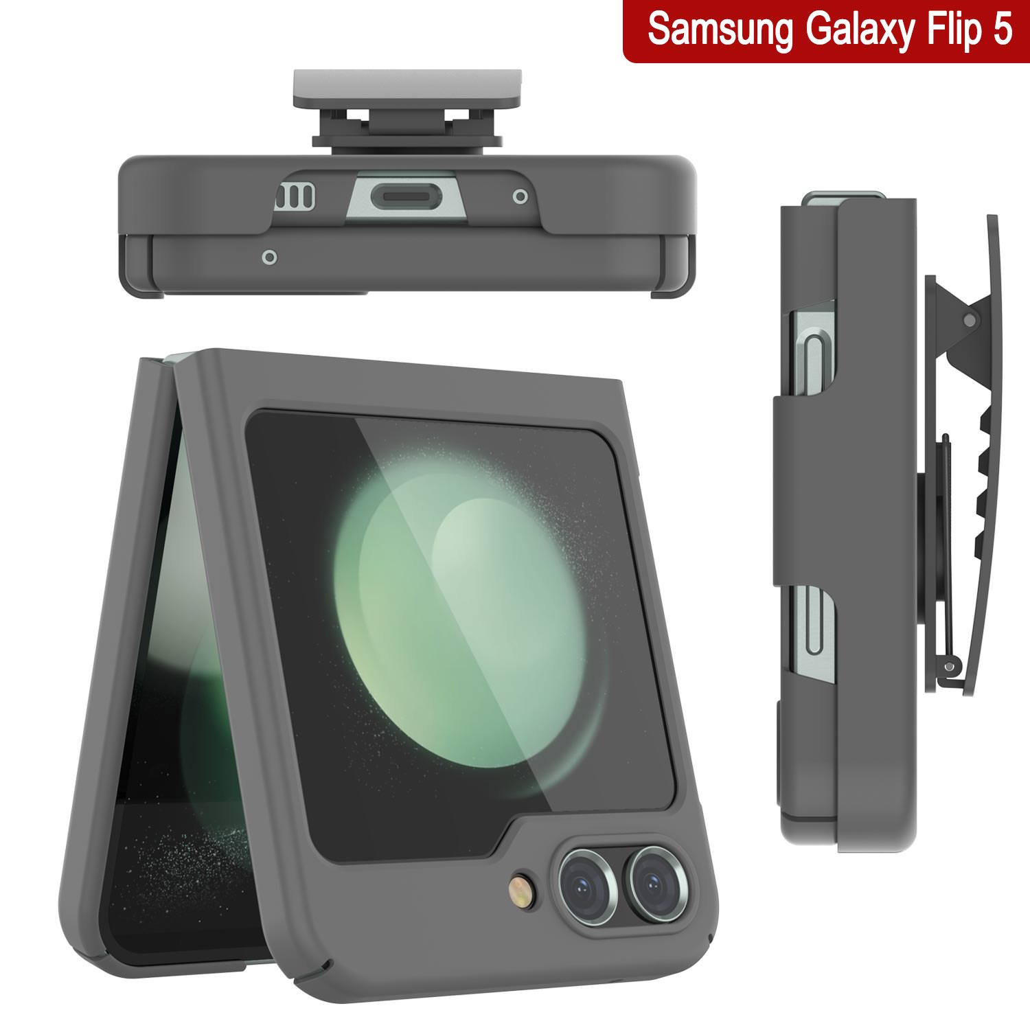 Galaxy Z Flip5 Case With Tempered Glass Screen Protector, Holster Belt Clip & Built-In Kickstand [Grey]
