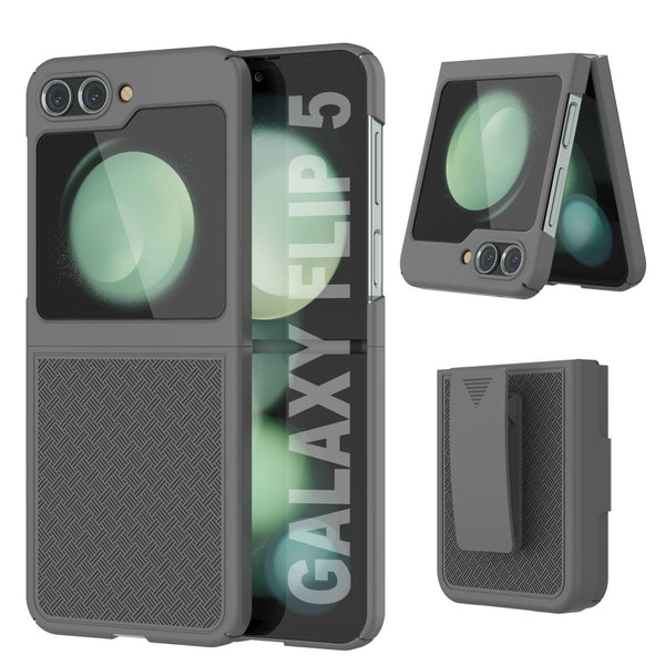 Galaxy Z Flip5 Case With Tempered Glass Screen Protector, Holster Belt Clip & Built-In Kickstand [Grey]