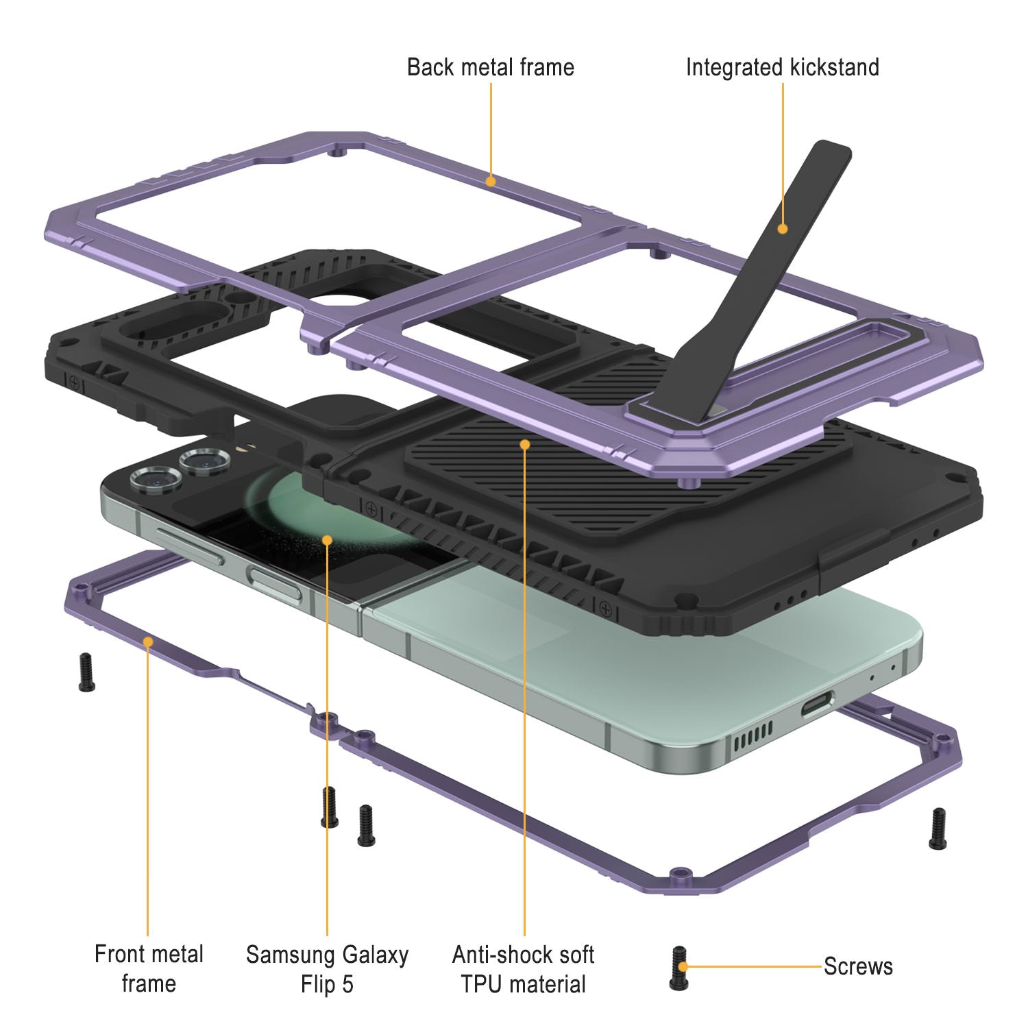 Galaxy Z Flip5 Metal Case, Heavy Duty Military Grade Armor Cover Full Body Hard [Purple]