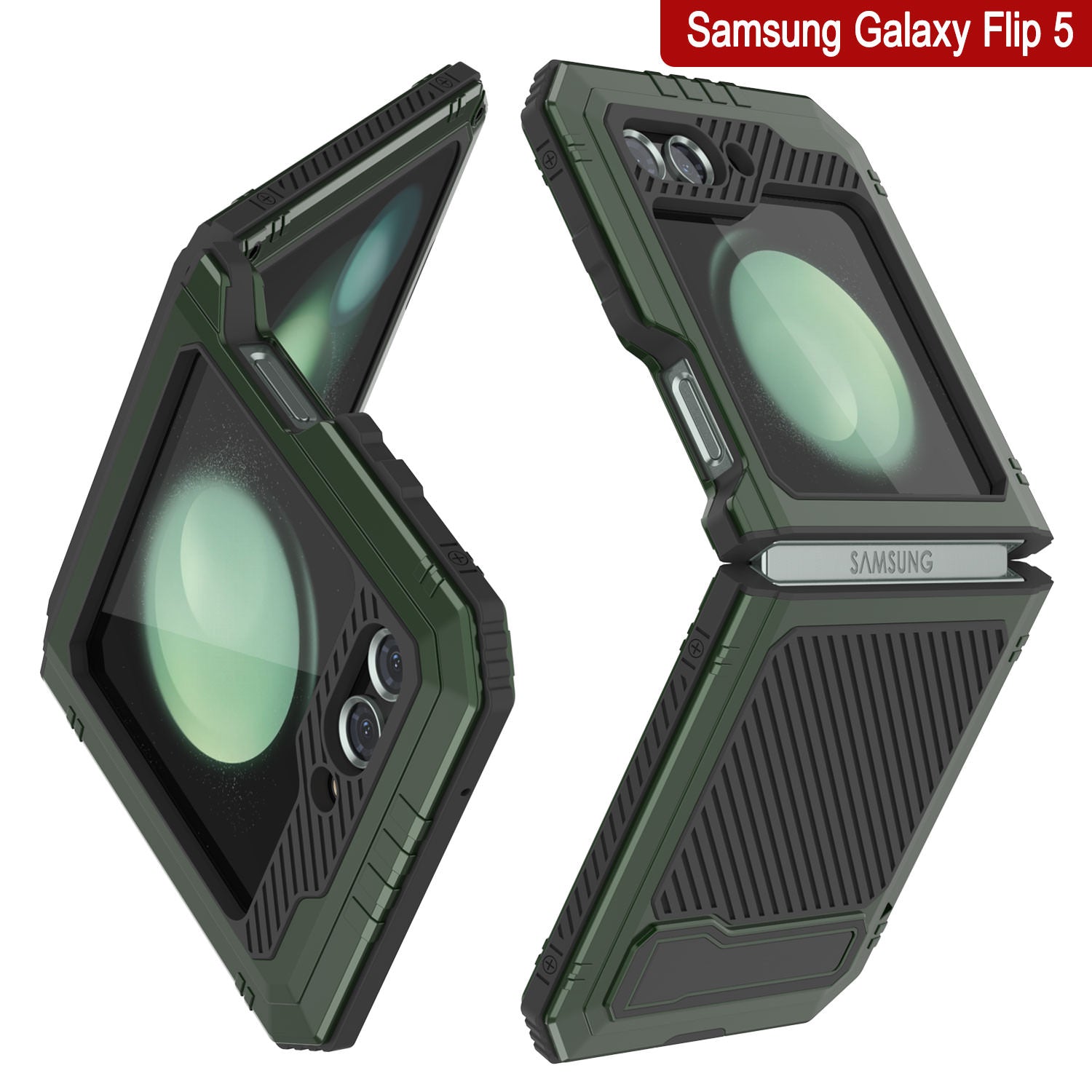 Galaxy Z Flip5 Metal Case, Heavy Duty Military Grade Armor Cover Full Body Hard [Dark Green]