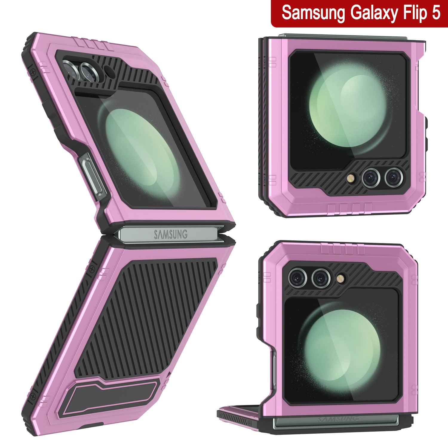 Galaxy Z Flip5 Metal Case, Heavy Duty Military Grade Armor Cover Full Body Hard [Pink]