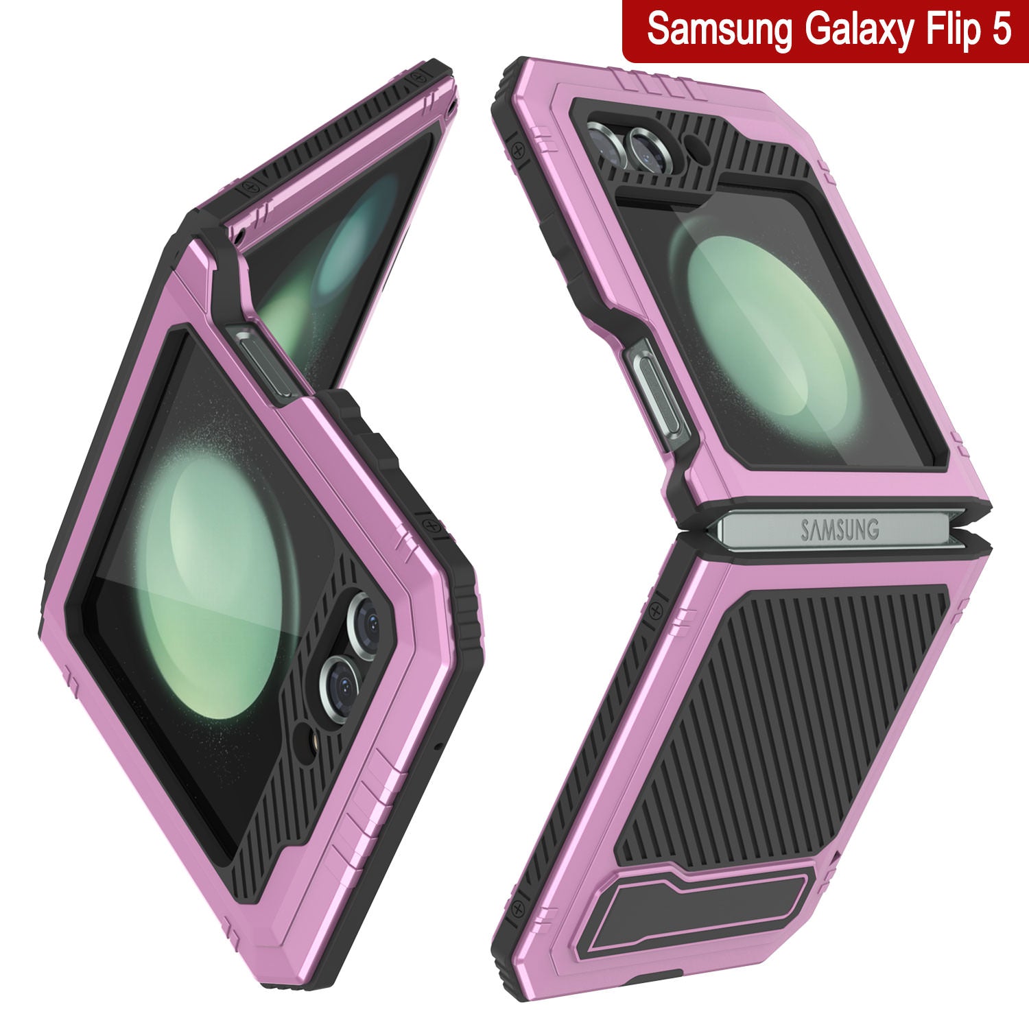 Galaxy Z Flip5 Metal Case, Heavy Duty Military Grade Armor Cover Full Body Hard [Pink]