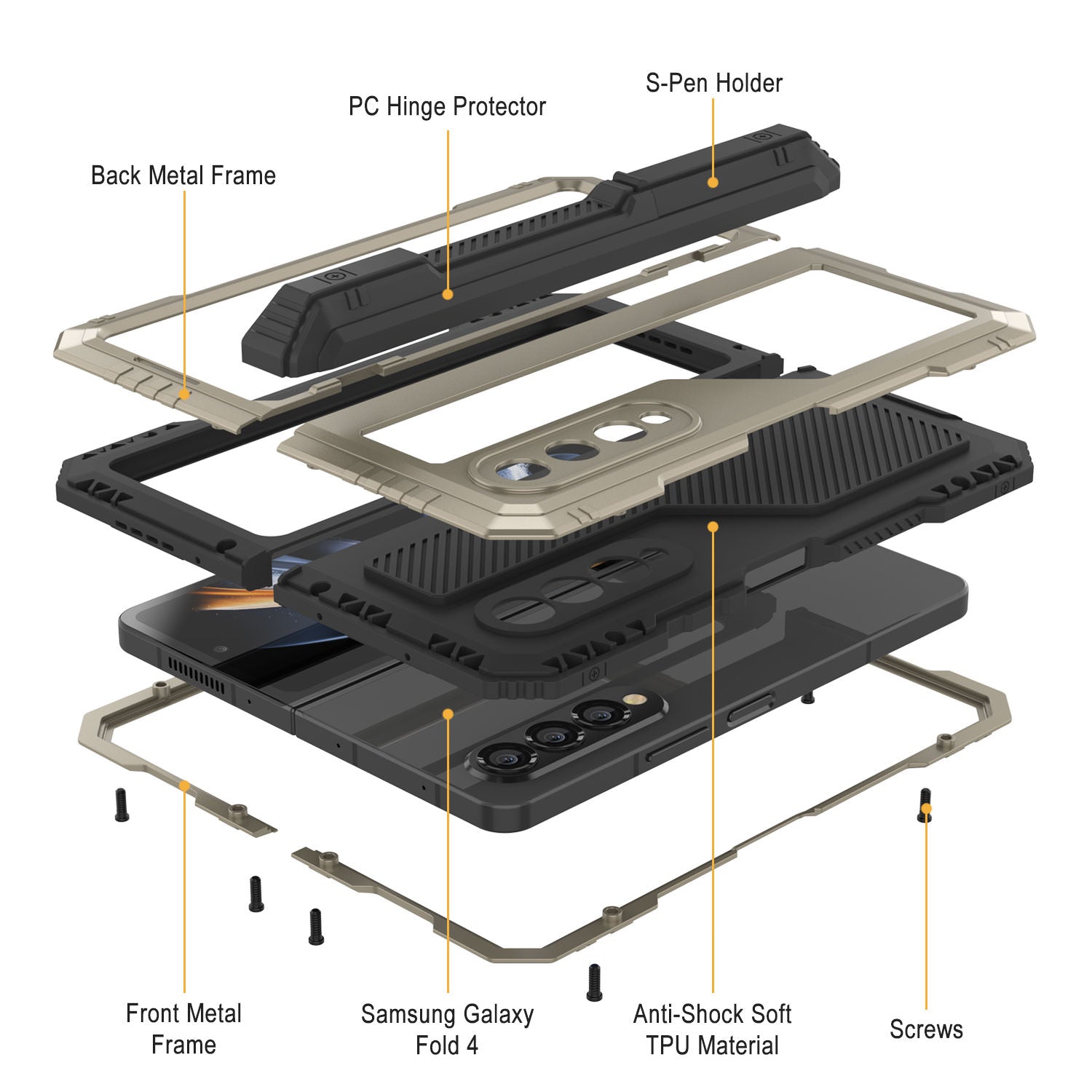 Galaxy Z Fold4 Metal Case, Heavy Duty Military Grade Armor Cover Full Body Hard [Gold]