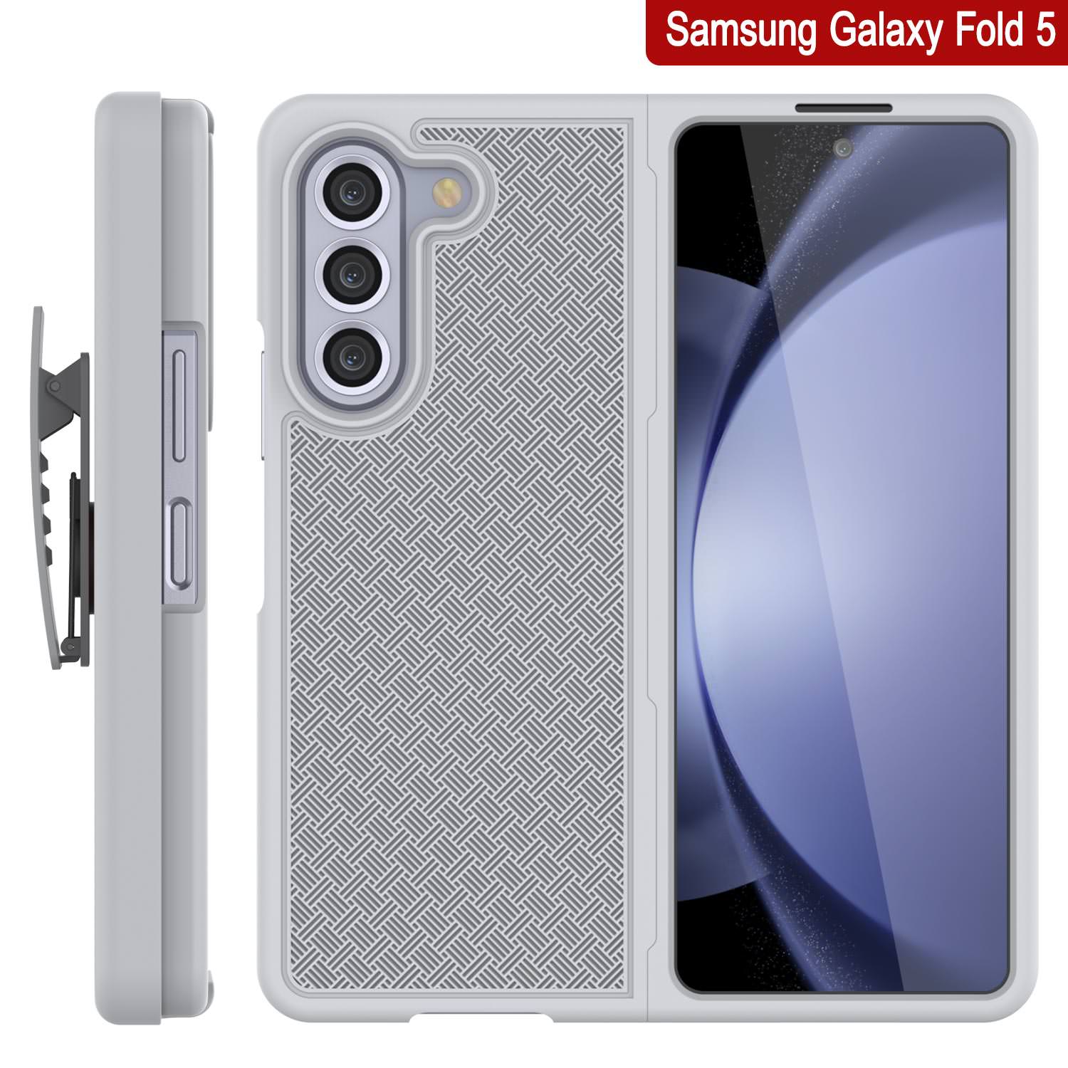 Galaxy Z Fold5 Case With Tempered Glass Screen Protector, Holster Belt Clip & Built-In Kickstand [White]