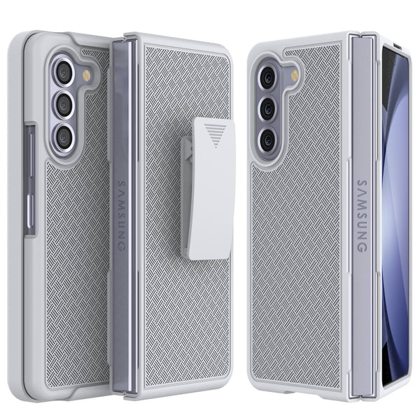 Galaxy Z Fold5 Case With Tempered Glass Screen Protector, Holster Belt Clip & Built-In Kickstand [White]