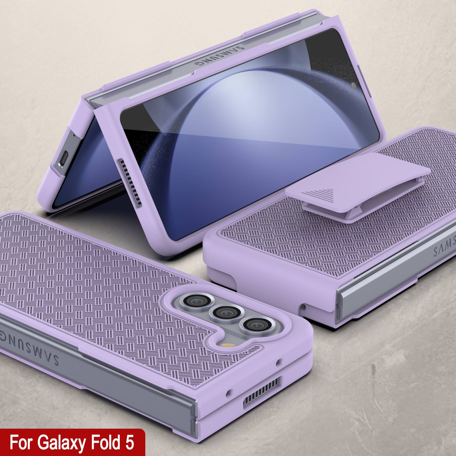 Galaxy Z Fold5 Case With Tempered Glass Screen Protector, Holster Belt Clip & Built-In Kickstand [Lilac]