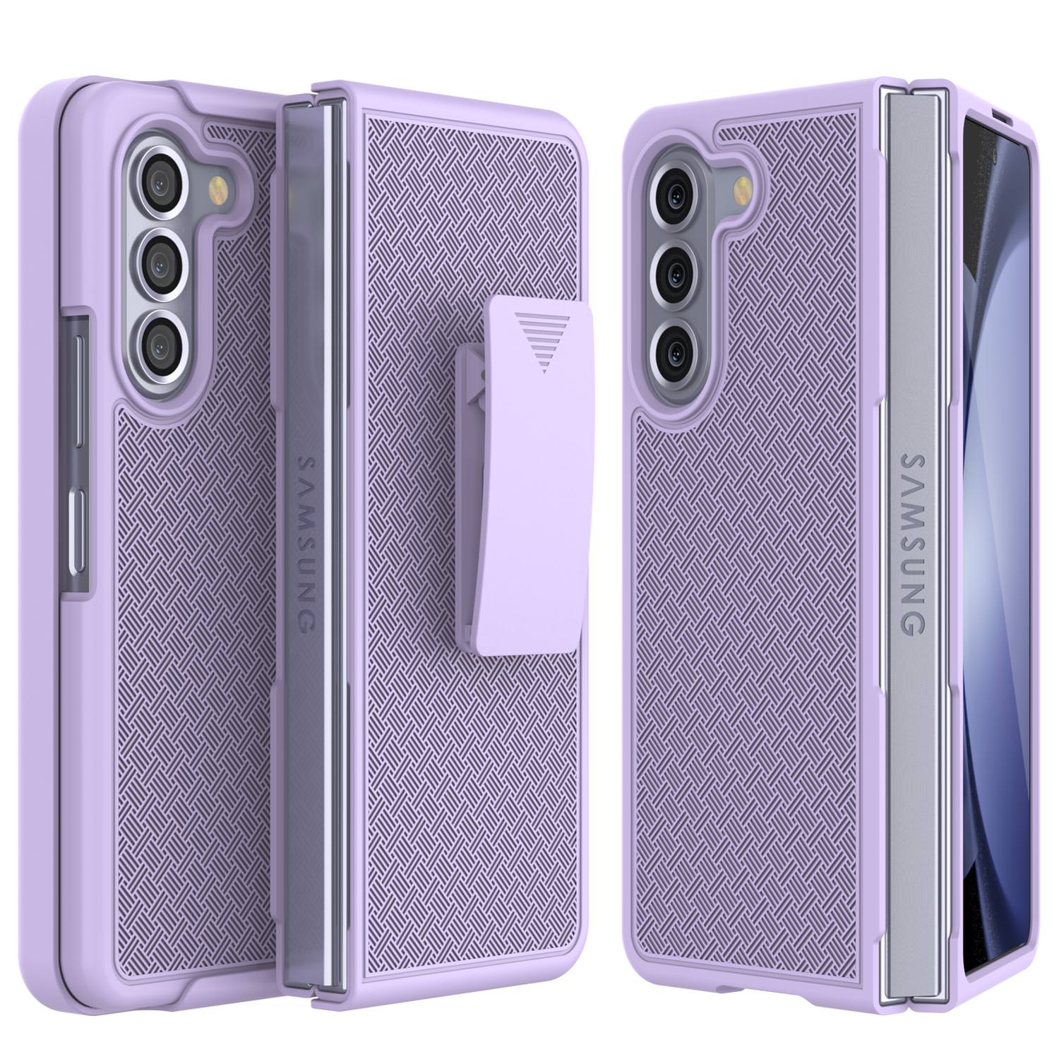 Galaxy Z Fold5 Case With Tempered Glass Screen Protector, Holster Belt Clip & Built-In Kickstand [Lilac]