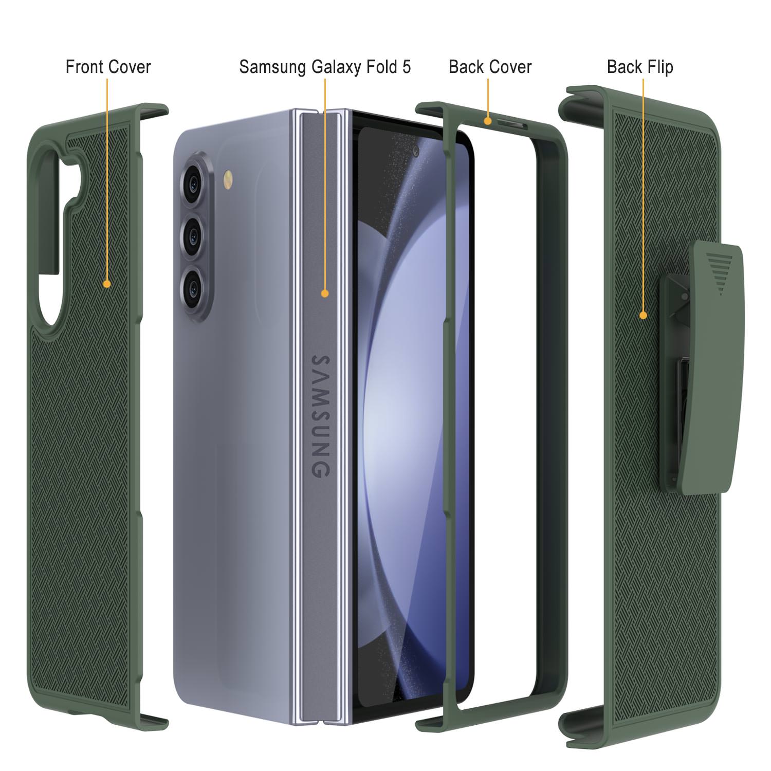 Galaxy Z Fold5 Case With Tempered Glass Screen Protector, Holster Belt Clip & Built-In Kickstand [Green]