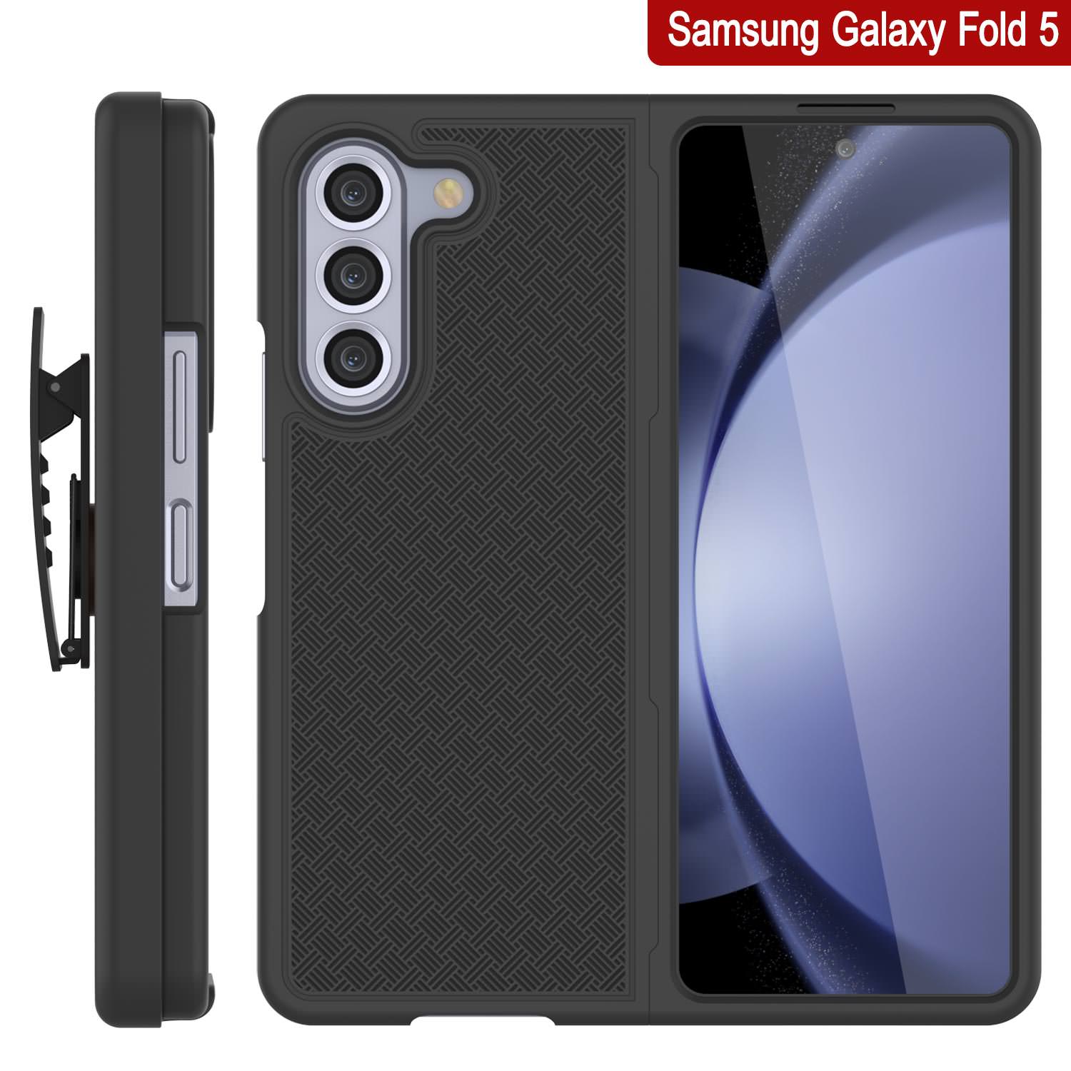 Galaxy Z Fold5 Case With Tempered Glass Screen Protector, Holster Belt Clip & Built-In Kickstand [Black]