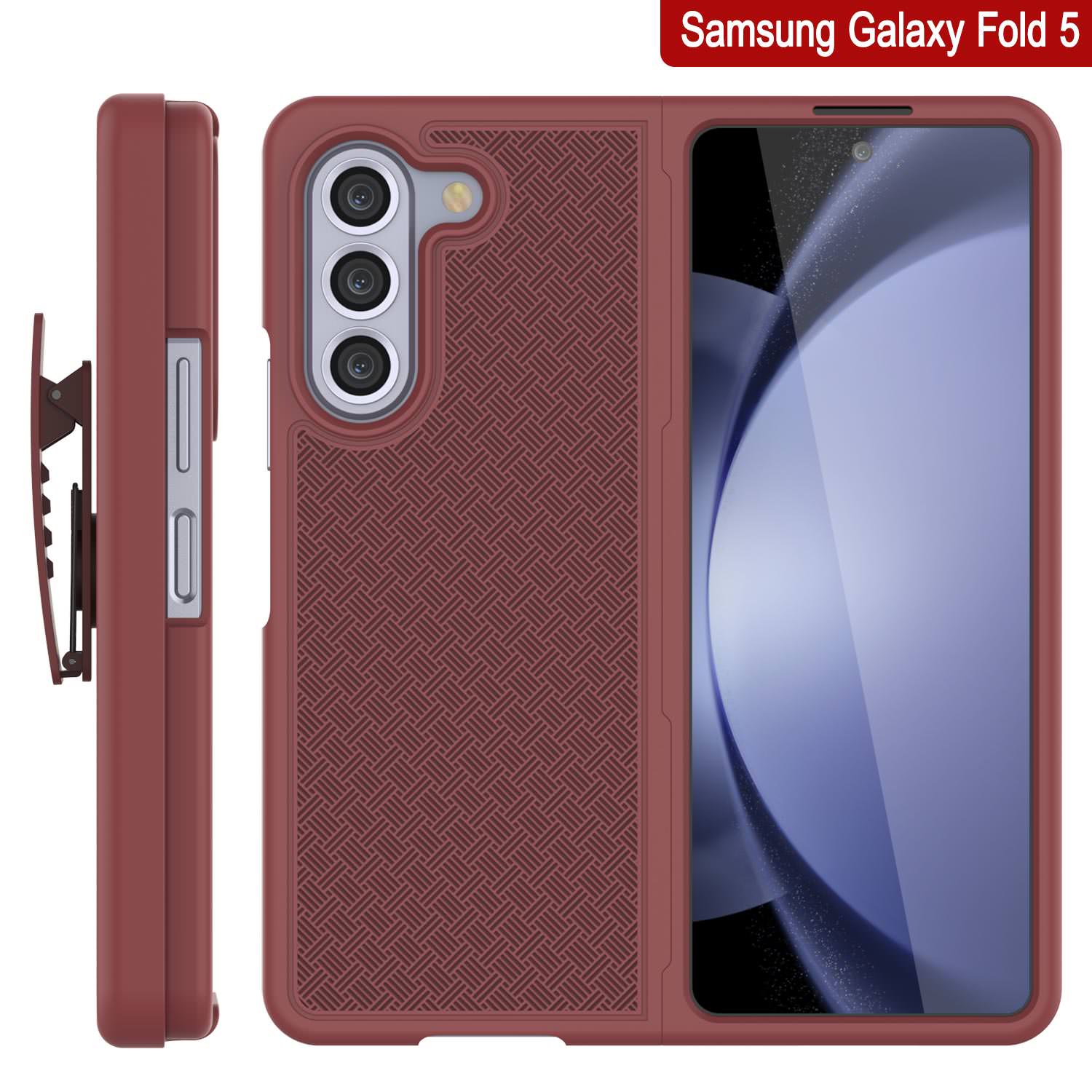 Galaxy Z Fold5 Case With Tempered Glass Screen Protector, Holster Belt Clip & Built-In Kickstand [Red]